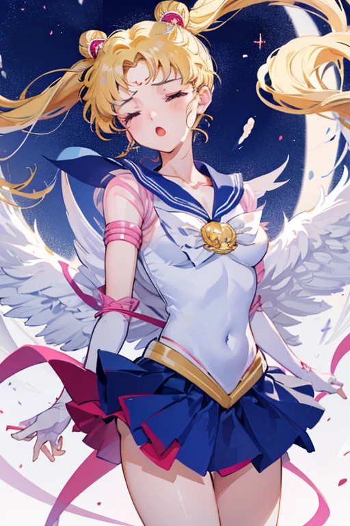 1 girl, cloth pieces, solo, eternal sailor moon, closed eyes, :o, tottering, tilt head, pain, suffering, moaning, struggling, (torn clothes:1.3) from back, fluttering skirt