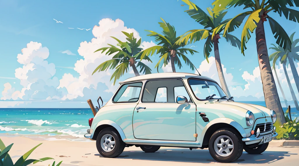 summer sky, seaside, palm tree, white classic mini car