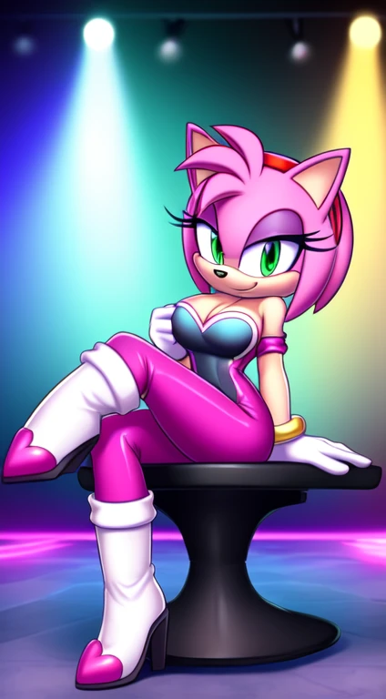 Amy Rose, (Rouge Cosplay), no wings, 1 girl, solo, smile, green eyes, red hairband, bob hair, pink hair, bare shoulders, animal nose, black rubber bodysuit, black leggings, pink heart shape on chest, cleavage, long white gloves, white knee-high boots, nightclub background, smile, sitting on a chair, dance floor, disco lighting, looking at viewer, high quality, being sexual.