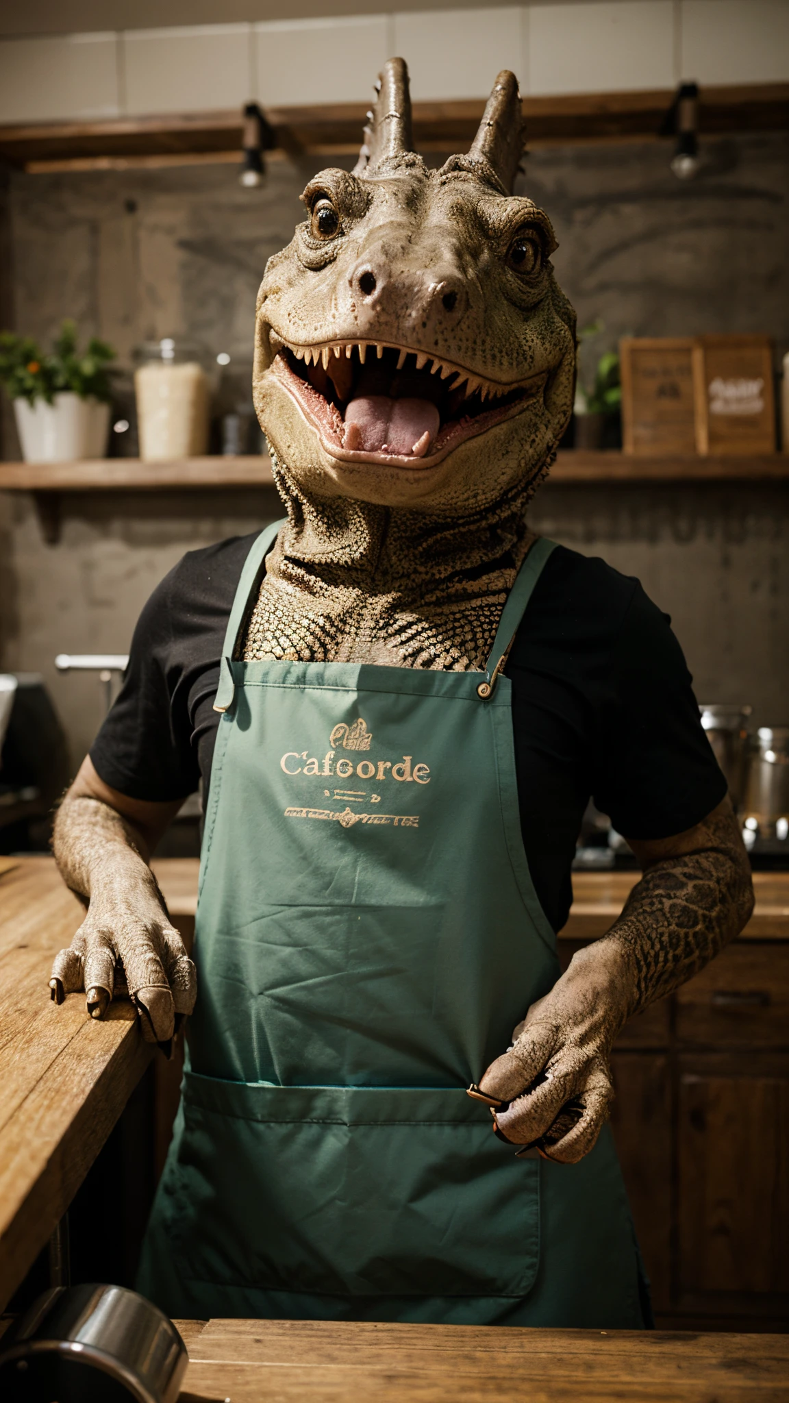An anthropomorpic crocodile wearing an apron working at a cafe