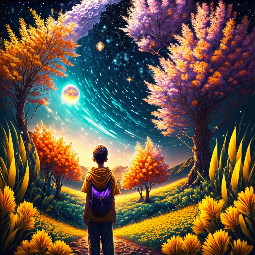 Vasta foto de paisagem abaixo, Ar superior, Abrir campos abaixo), Boy standing in a field of flowers and looking up, (lua cheia: 1.2), (Meteoro: 0.9), (Nebulosas: 1.3), montanha ao longe, Tree BREAK art, (Fonte de Luz Quente: 1.2), (Pirilampo: 1.2), abajour, muito roxo e laranja, detalhes intrincados, volumetric lighting BREAK (masutepiece: 1.2), (best quality), 4k, ultra-detalhada, (dynamic compositions: 1.4), circunstanciado, colorido, (iridescente: 1.2), (brilhar, Atmospheric Illumination), sonhador, Fantastic, (sozinho: 1.2)