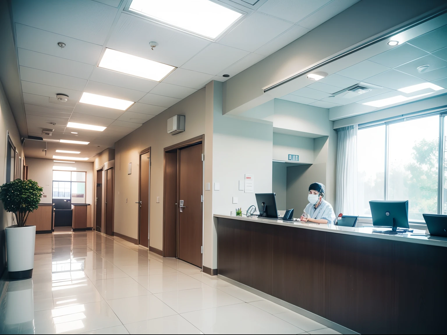 Hospital reception. Spacious environment, white walls, light colored furniture. Image created, high quality.
