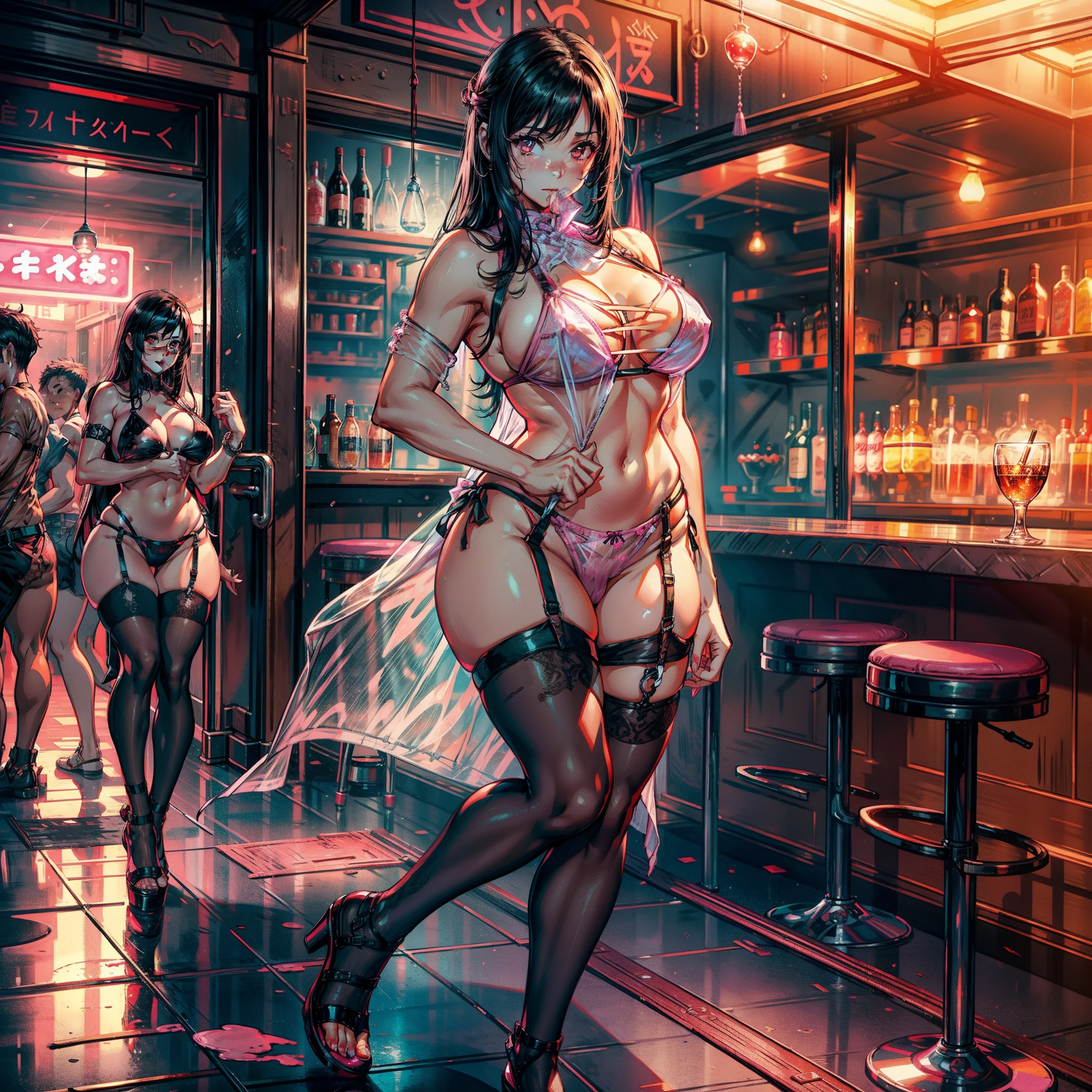 ((tifa)),((finger in mouth)),(dancing on table),(strip_club_venue, female strippers in background), ((mature female)),Thick body,((Solo)),(((completely naked))),(((very see-through cheongsam, sling bikini))),((pink areola)), ((Blush)),((cameltoe)),((public_hair)), MILF, trending on artstation, intricate face details, (Curvy physique), vibrant, 4K, 12k resolution, on her knee