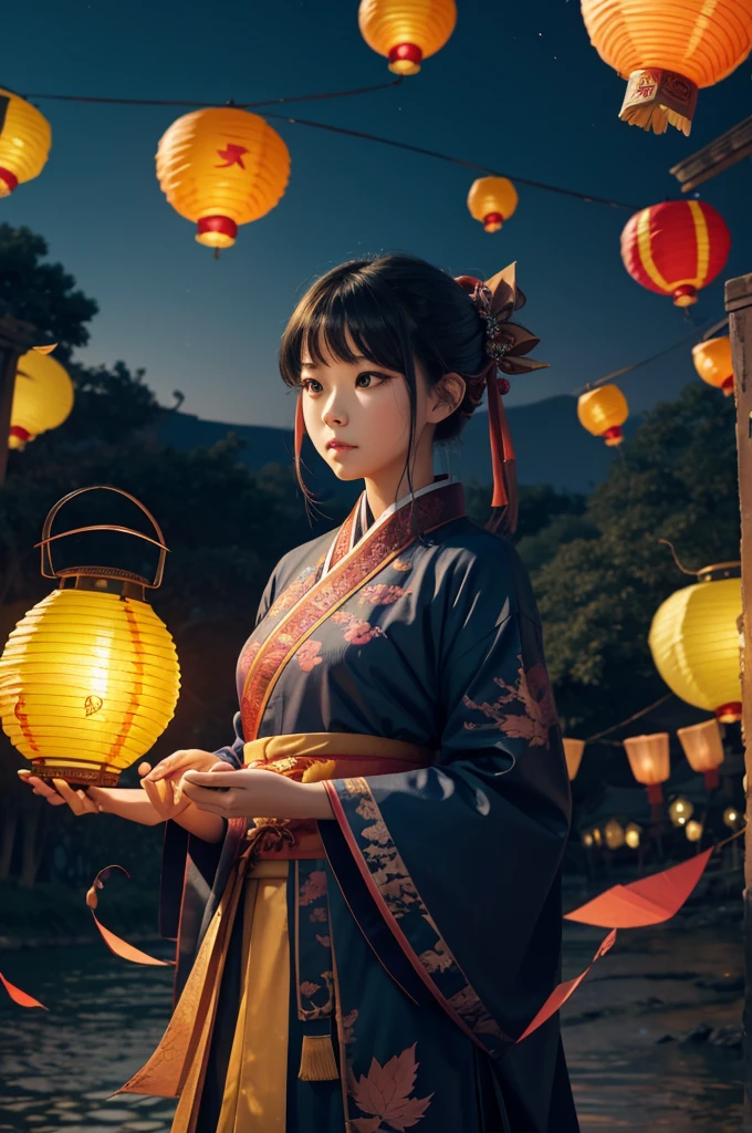 official art, unity 8k wallpaper, ultra detailed, beautiful and aesthetic, masterpiece, best quality, (Fire, water, ribbon, paper cutting), (fractal art:1.3) 1girl,building, (solo:1.5), chinese_clothes, sky, outdoors, wide_sleeves, black_hair, sunset, (falling_leaves:1.2), antern, (paper_lantern:1.5),blue sky, (outdoors:1.5),hanfu, (rainbow-candy:0.8), (style-swirlmagic:0.8),