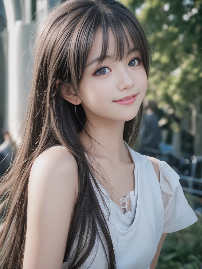 (8k RAW photos, 最高品質, masterpiece, 8k-UHD), (Realistic, photorealistic portrait: 1.37), (Anatomically correct and realistic skin), ultra-high resolution, Depth of Field, film light, grain of film, Very cute 16 year old girl, Tips, Red Eyes, long eyelashes, Bags under the eyes, cute face, Very detailed eyes and hair., The skin has beautiful details., Happy smile, brunette hair, thick bangs, Shiny hair, pinch, , city scape,