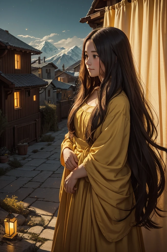 The painting style is quiet and the lights are yellow. The houses are nestled among the distant mountains, and the willows in the courtyard sway in the wind. Several layers of light red curtains add a bit of mystery to the deep scenery, the woman is alone, her long hair is scattered at will, and her figure is looming, with a faint smile.