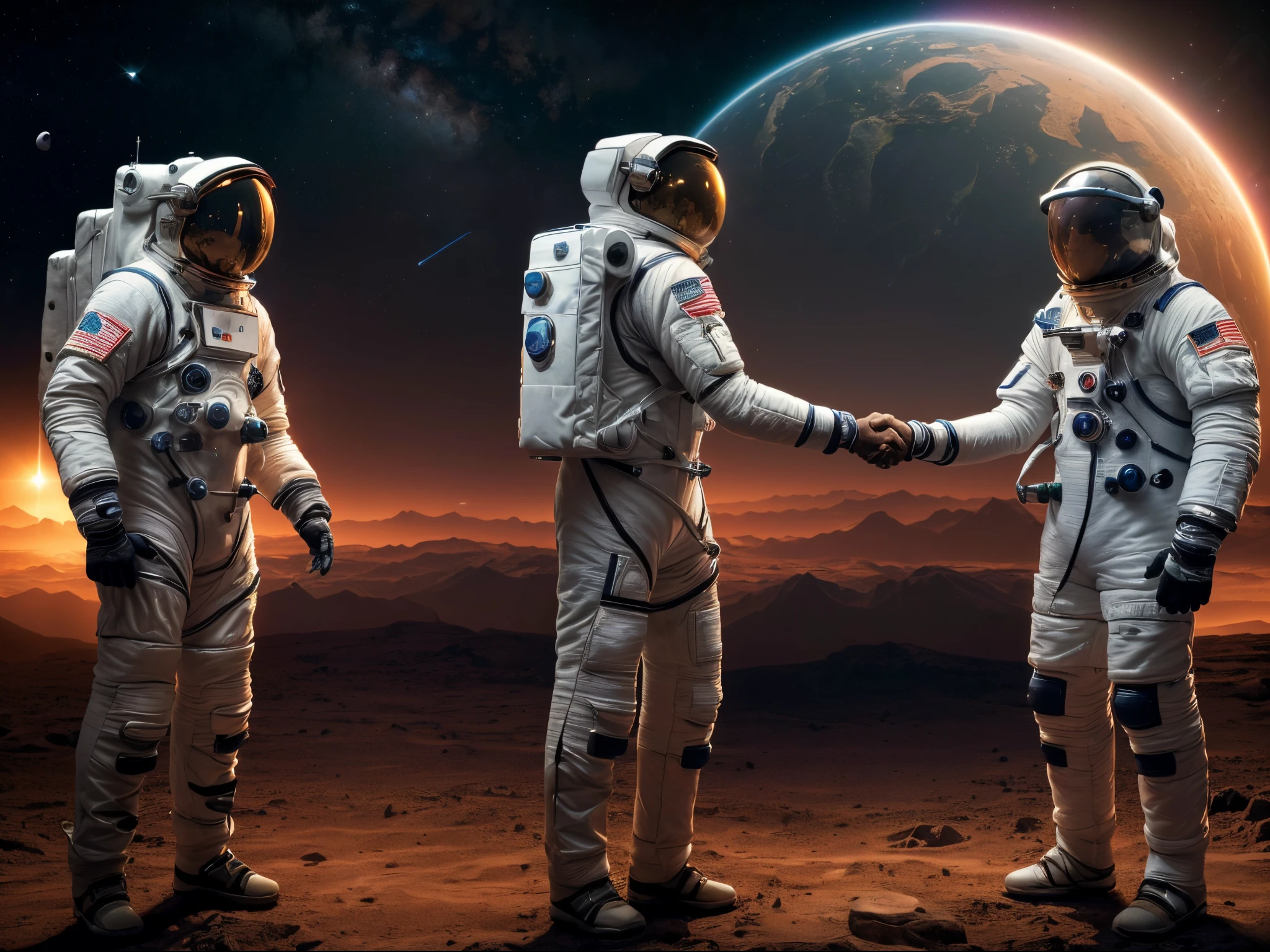 (A human man in a spacesuit shakes hands with human man in a  same height spacesuit:1.2),（In the background  a mysterious green glowing planet）,Breathtaking and magnificent space image scenes.,The scene  highly-detailed,Clarity  extraordinary,Every intricate detail of the panorama  captured,((tmasterpiece)),((best qualtiy)),8K,high detal,((Masterpiece)), (Best quality))，