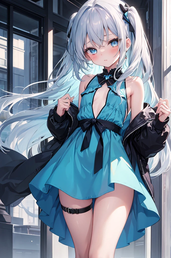 best quality, ultra precision, 1girl, cute, , young, boyish, childish, small breasts, Long silver hair, Cyan eyes, beautiful eyes, girl, ecstasy, blue dress, start to undress, naughty mood, she loves you, sexy, lost virgin, virgin, blush, beautiful skin, big bow on chest I'm not wearing panties open legs