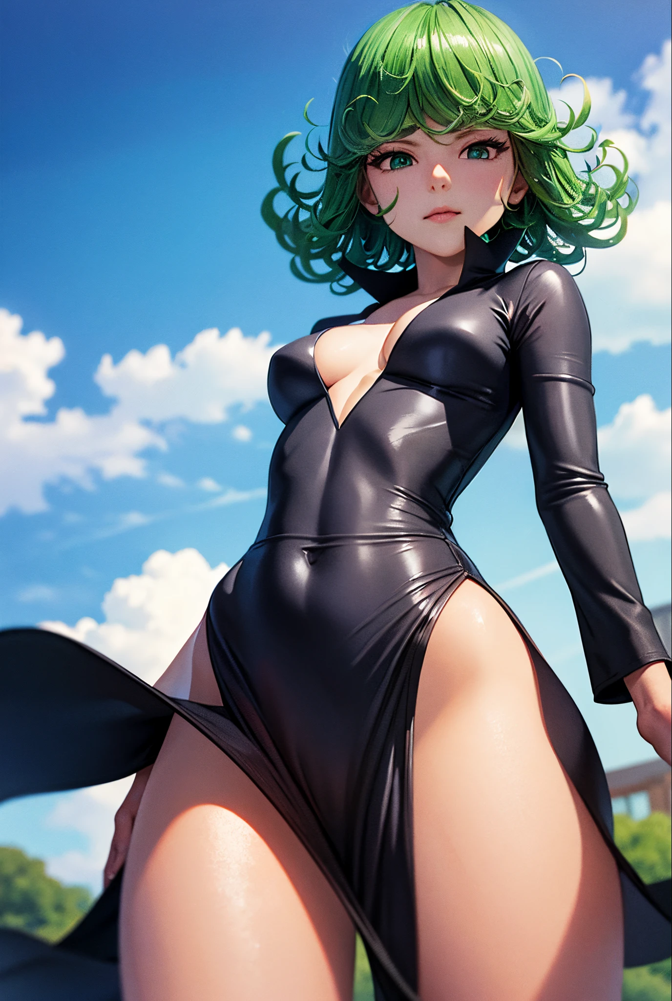 (masterpiece, best quality:1.2), cowboy shot, solo, 1girl, tatsumaki, ???????, closed mouth, looking at the viewer, ???, wide ????, black dress, blue sky, clouds, ???????
