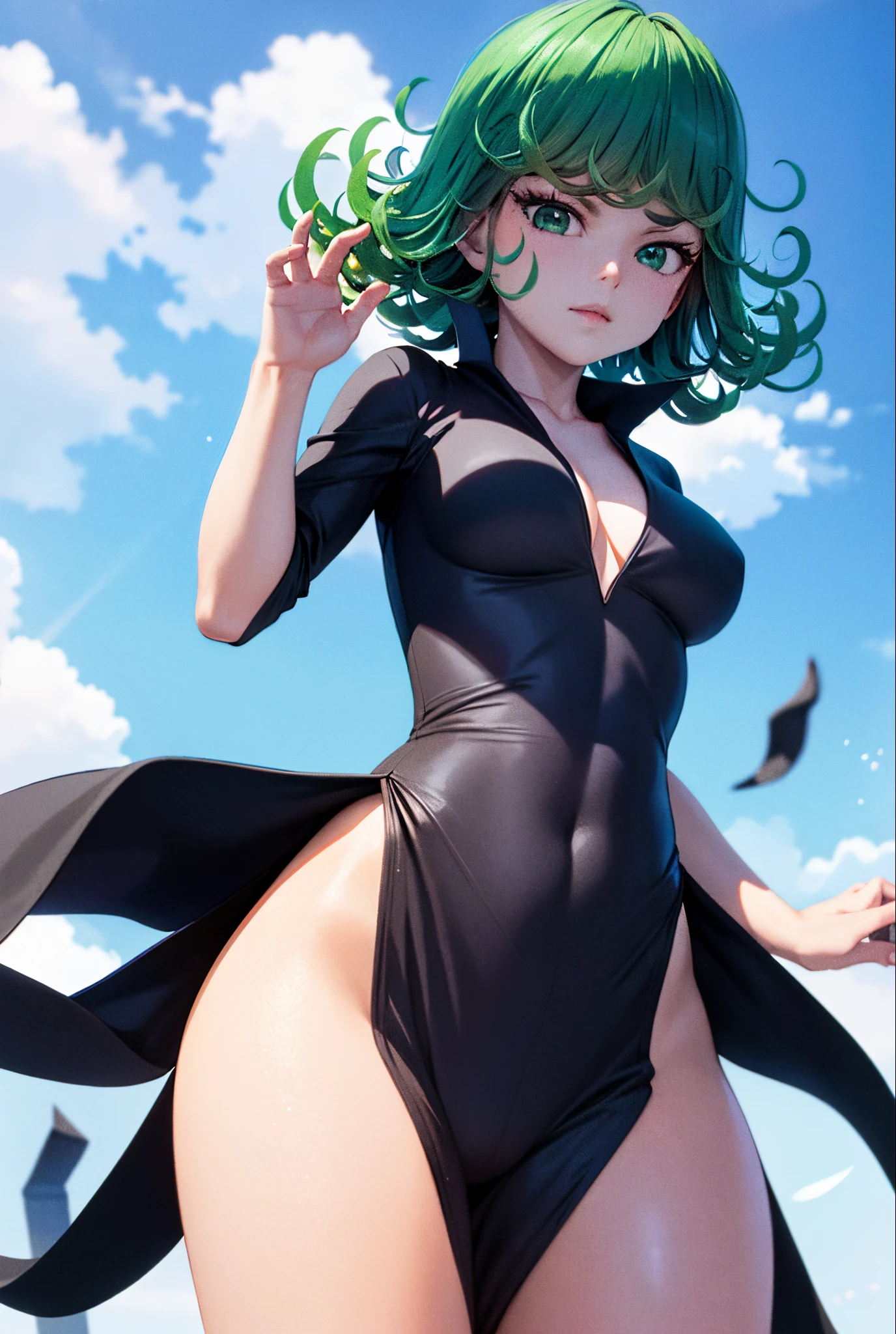 (masterpiece, best quality:1.2), cowboy shot, solo, 1girl, tatsumaki, lustful, closed mouth, looking at the viewer, ass, wide hips, black dress, blue sky, clouds, erotica