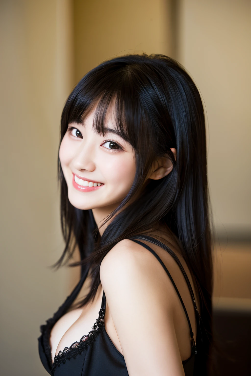 A dark-haired、japanes、20yr old、a smile、Black dress、big breasts、best qualtiy