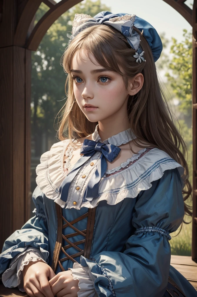 1girl, masterpiece, best quality, 8k, detailed skin texture, detailed cloth texture, beautiful detailed face, intricate details, ultra detailed, Alice in Wonderland,  (a bow on her head:1.1), upper body