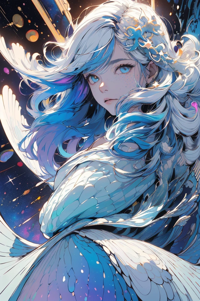 Foco feminino)), (((best quality))), ((ultra-detalhado)), ((illustration)),[realismo efeito de luz],estilo shadowantasy preto),(fundo branco:1.6),  Background Story, (Tema Terra),(Capaoco no cabelo,((1 fita)),[(cabelo grande slime): (cabelo nublado):0.3], (cabelo no fundo),(high saturation),(Hair surrounded by galactic splashes),)):((Your hair turning into a galactic cloud,:1.27628), (Hair and clothes are galactic clouds and star clusters:1.1025),(The mantle turning into a galactic cloud)(Colouring_milky ways_imprimir_Clusters_de_estrelas_imprimir:1.35),((Detailed starry sky with colorful milky way and galactic clouds):1.2)):0.35], (((master part))),(((best quality))),((ultra-detalhado)),(illustration),(Dynamic angle),((floating)),(pintar),((cabelos desgrenhados)),((rosto bonito e detalhado)),colar,bareshoulders, ((Cabelos Coloridos)),((cabelo listrado)),belos olhos detalhados,(gradient color eyes),(((eyes Coloringsound Coloring))),(((high saturation))),(((surrounded by splashes Colorings))),(((surrounded by dots Coloringcolored flounder,((shining)),