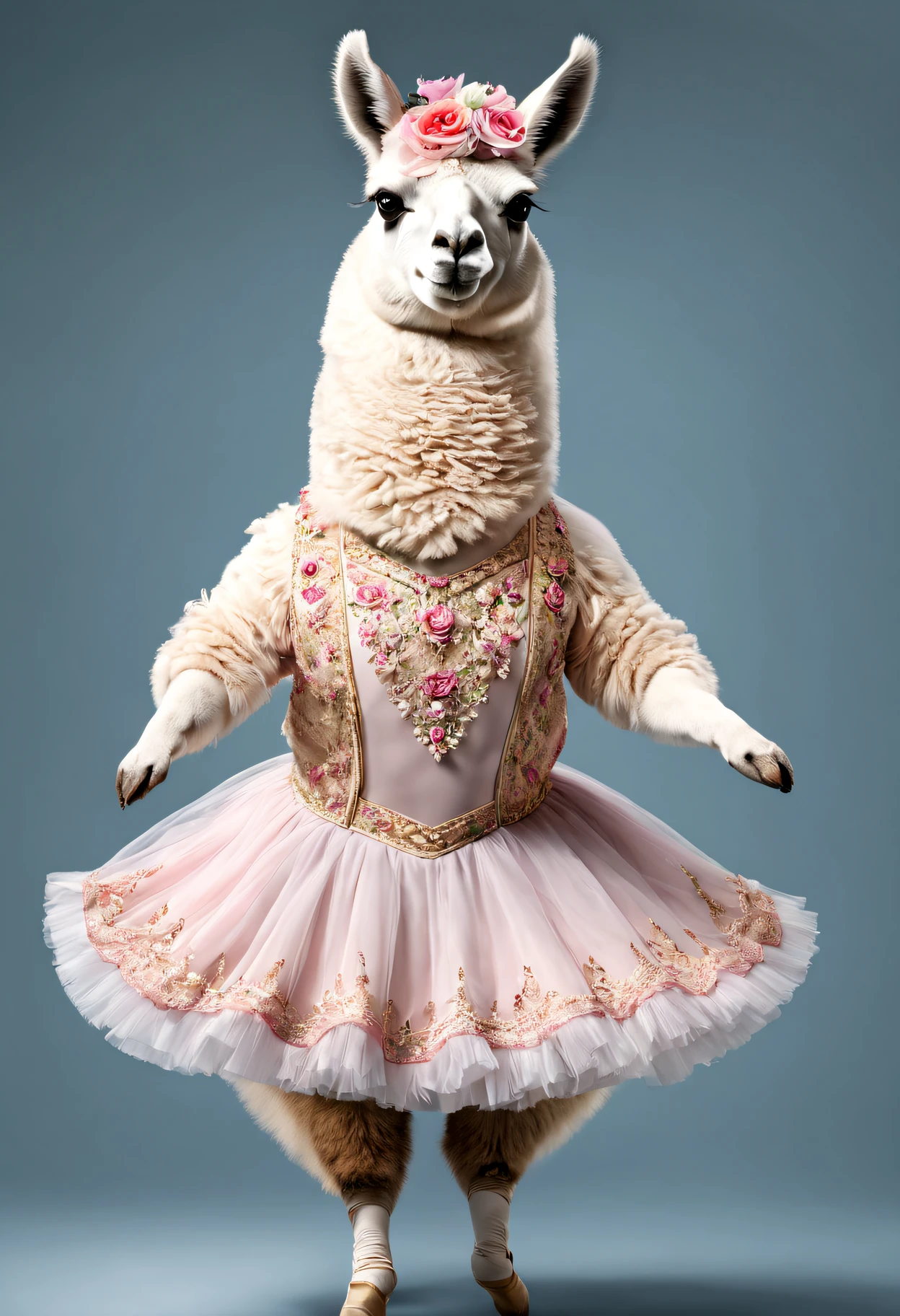 photorealistic portrait of Dressed animals - a fat llama ballet dancer,( ballet action posing), fluffy body, high quality,(lovely) ,intricate details, highly detailed ballet costume ,(happy), studio lighting,(full body image:1.5)