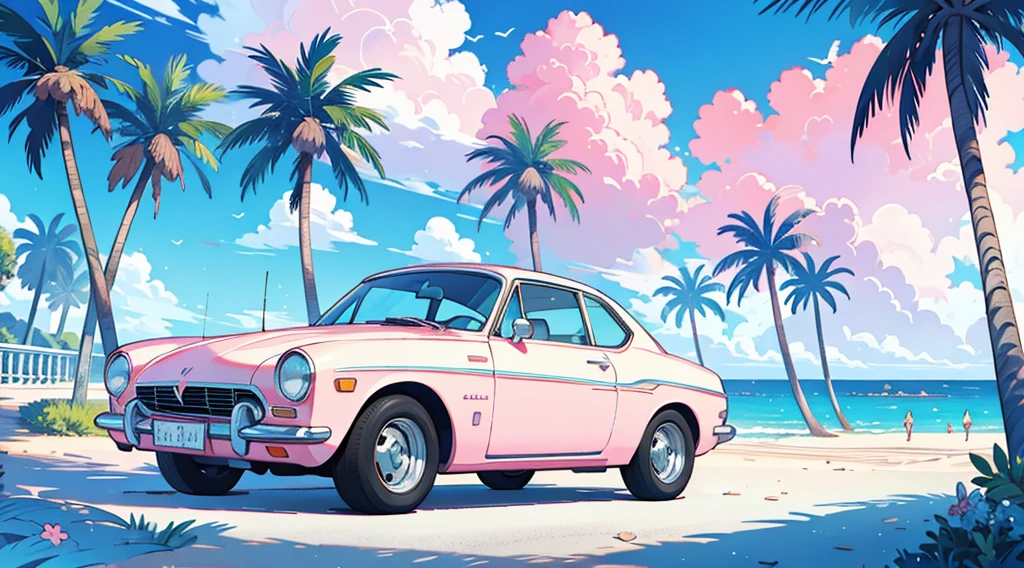 (pink and blue sky, seaside, palm tree), (white classic car)