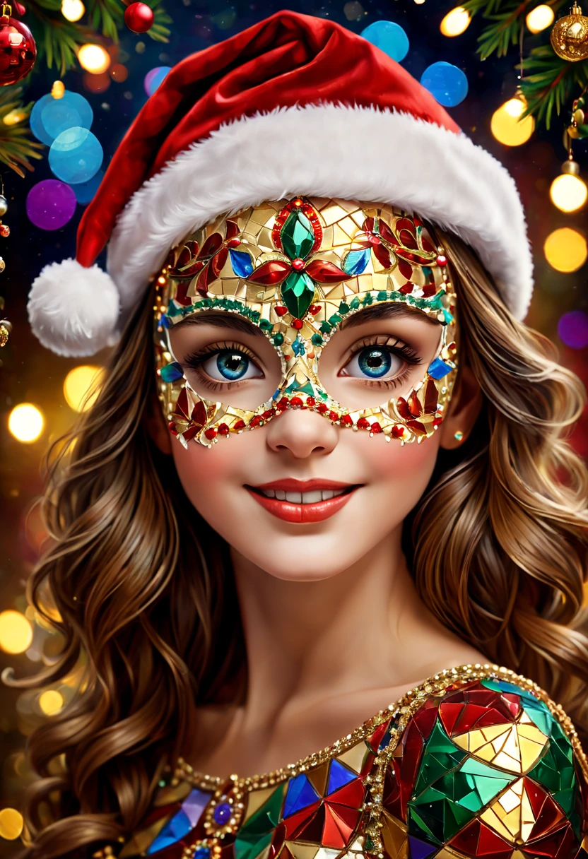 Mosaic Christmas Mask,one-girl,sparkling detailed eyes,beautifully detailed lips,extremely detailed eyes, christmas hat,festive smile, golden mosaic patterns on the mask, delicate craftsmanship, intricate designs, vibrant color palette, high contrast, sharp focus, glossy finish, impressive artistry, holiday atmosphere, intricate mosaic tiles, ornate decorations, magical lighting. (best quality,4k,8k,highres,masterpiece:1.2),ultra-detailed,(realistic,photorealistic,photo-realistic:1.37),portrait,mosaic art,christmas celebration,festive colors,sparkling charm,holiday spirit,glimmering lights,colorful ornaments.