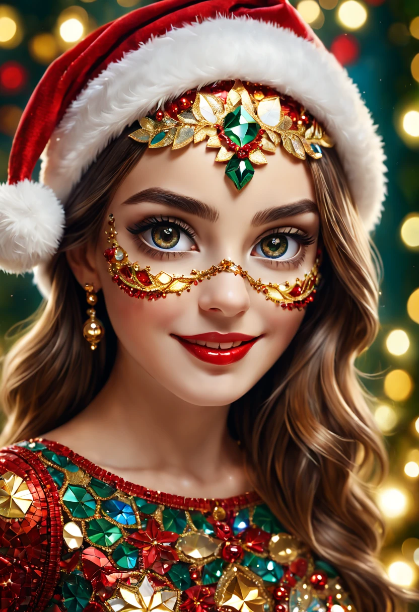 Mosaic Christmas Mask,one-girl,sparkling detailed eyes,beautifully detailed lips,extremely detailed eyes, christmas hat,festive smile, golden mosaic patterns on the mask, delicate craftsmanship, intricate designs, vibrant color palette, high contrast, sharp focus, glossy finish, impressive artistry, holiday atmosphere, intricate mosaic tiles, ornate decorations, magical lighting. (best quality,4k,8k,highres,masterpiece:1.2),ultra-detailed,(realistic,photorealistic,photo-realistic:1.37),portrait,mosaic art,christmas celebration,festive colors,sparkling charm,holiday spirit,glimmering lights,colorful ornaments.