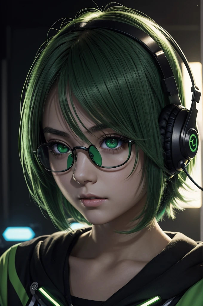anime, deejaying girl, dj, dj girl, headphones, rave, (highest picture quality),masterpiece,best quality,extremely detailed CG wallpaper, ultra_detailed,(Cinematic Lighting:1.1), (cold face), green eyes, 1girl, solo, dark-green_hair, short_hair, masterpiece, best quality, glasses