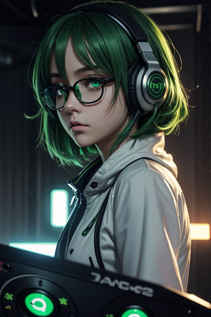 anime, deejaying girl, dj, dj girl, headphones, rave, (highest picture quality),masterpiece,best quality,extremely detailed CG wallpaper, ultra_detailed,(Cinematic Lighting:1.1), (cold face), green eyes, 1girl, solo, dark-green_hair, short_hair, masterpiece, best quality, glasses