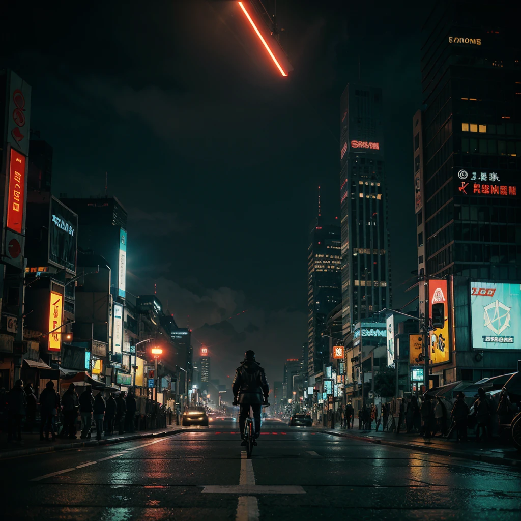 Create a banner with the background of a cyberpunk city full of skyscrapers, full of colors pleasing to the eye. No centro do banner, Add a character with a robot body and a lighthouse-shaped head emitting soft red light. O personagem segura uma arma de fogo. Ele visualmente atraente, com uma jaqueta que lembra a de um motociclista. The environment around the character must convey an apocalyptic atmosphere."