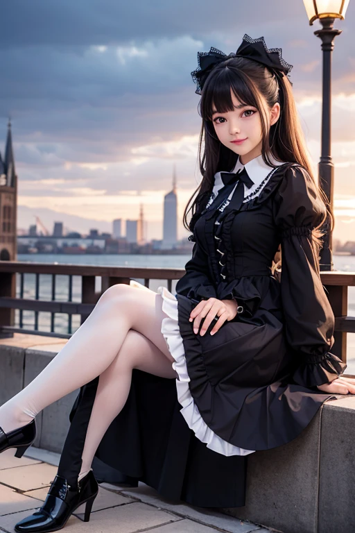 1girl,black bow,black dress,black footwear,bow,brown hair,cathedral,closed mouth,collared dress,day,dress,feet out of frame,frilled shirt collar,frills,gothic lolita,lamppost,lolita fashion,long hair,long sleeves,looking at viewer,outdoors,pantyhose,puffy long sleeves,puffy sleeves,purple eyes,shoes,smile,solo,tower,white pantyhose