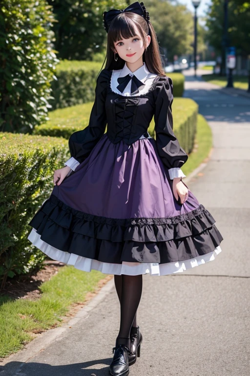 1girl,black bow,black dress,black footwear,bow,brown hair,cathedral,closed mouth,collared dress,day,dress,feet out of frame,frilled shirt collar,frills,gothic ta,lamppost,loliashion,long hair,long sleeves,looking at viewer,outdoors,pantyhose,puffy long sleeves,puffy sleeves,purple eyes,shoes,smile,solo,tower,white pantyhose