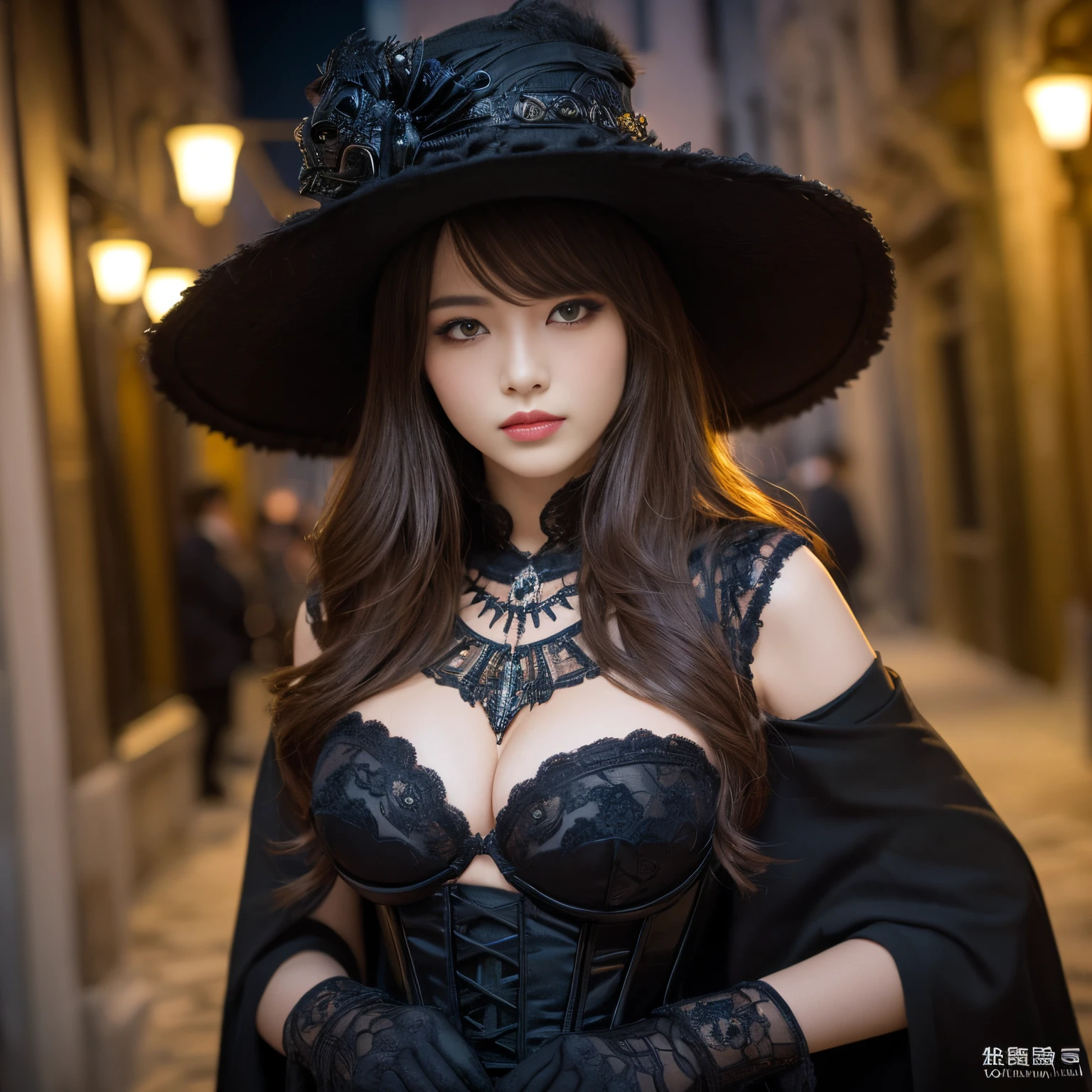 ((top-quality、masutepiece、8K、Top image quality、Very complex and detailed details))、1人の女性、Long Wave Hair、Black top hat、(Perfect and intricate black venetian mask:1.2)、(Intricately decorated Venetian mask:1.1)、Accurate and detailed venetian mask、Big black cloak、Black corset、outside the museum at night、Outside a huge and luxurious museum、european townscape、(Photo above from the female breast:1.2)