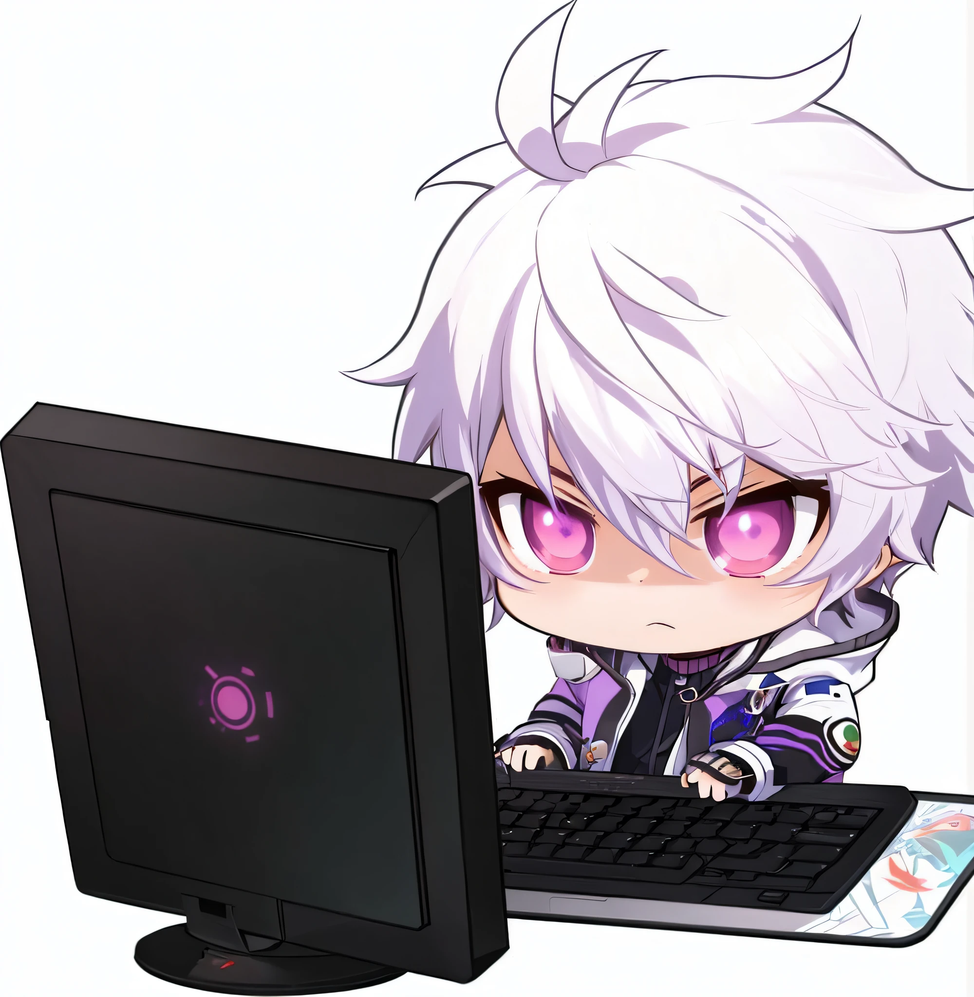 personagem de anime com cabelos brancos e olhos roxos sentado em frente a um computador, Hajime Yatatate, rato Maplestory, advanced digital chibi art, cute cyber gods, Nagito Komaeda, character art of maple story, Maplestory, estilo como nendoroid, arte chibi, foto de perfil 1024px, Anime Chibi, com olhos roxos brilhantes