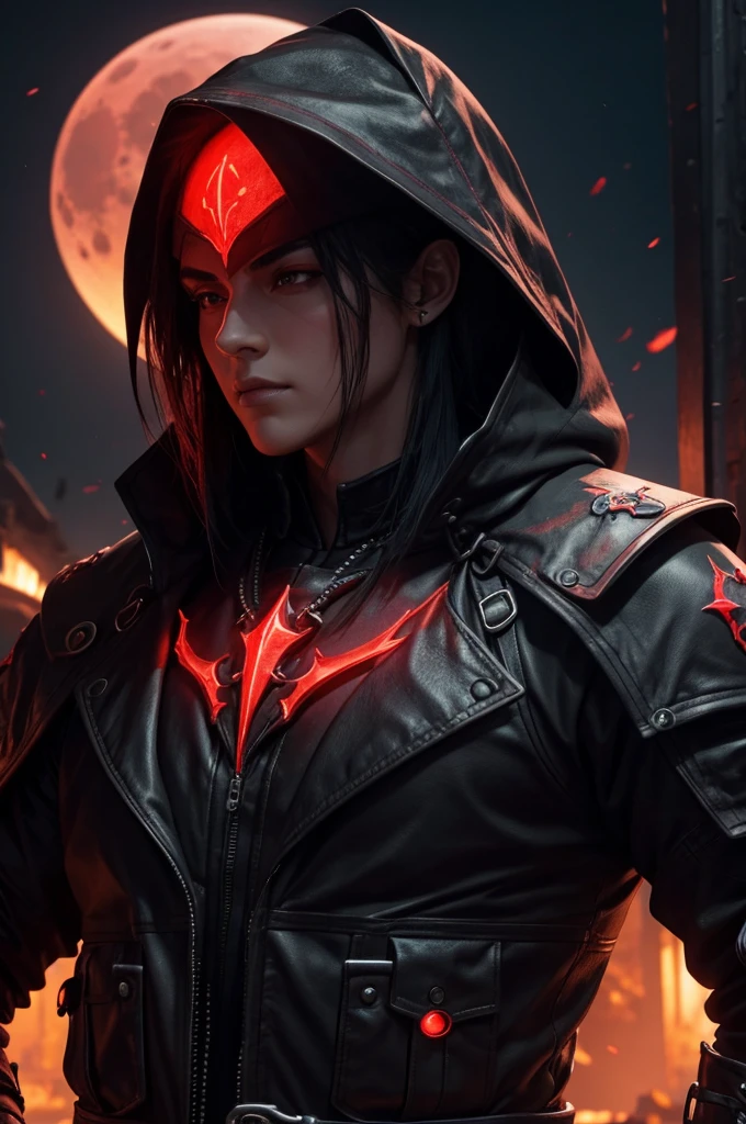 A red necromancer, blood moon, ray tracing, masterpiece, best quality, ultra quality, absurd details, best light, best shadow, sharp, sharp image, detailed, extremely detailed, great resolution, 8k, 4k, uhd, particle effects, beautiful effects, vivid colors, neon light, neon, light,