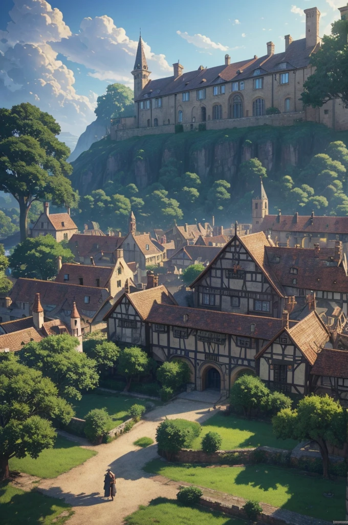 4k, realistic, very detailed, wide angle lens, moist medieval town, vibrant, fantastical plants, a big house, Makoto Shinkai style, anime background, concept art, (no characters appearing), realistic lighting, epic composition, diffuse, (masterpiece, best quality), super hd, 32k --v 6