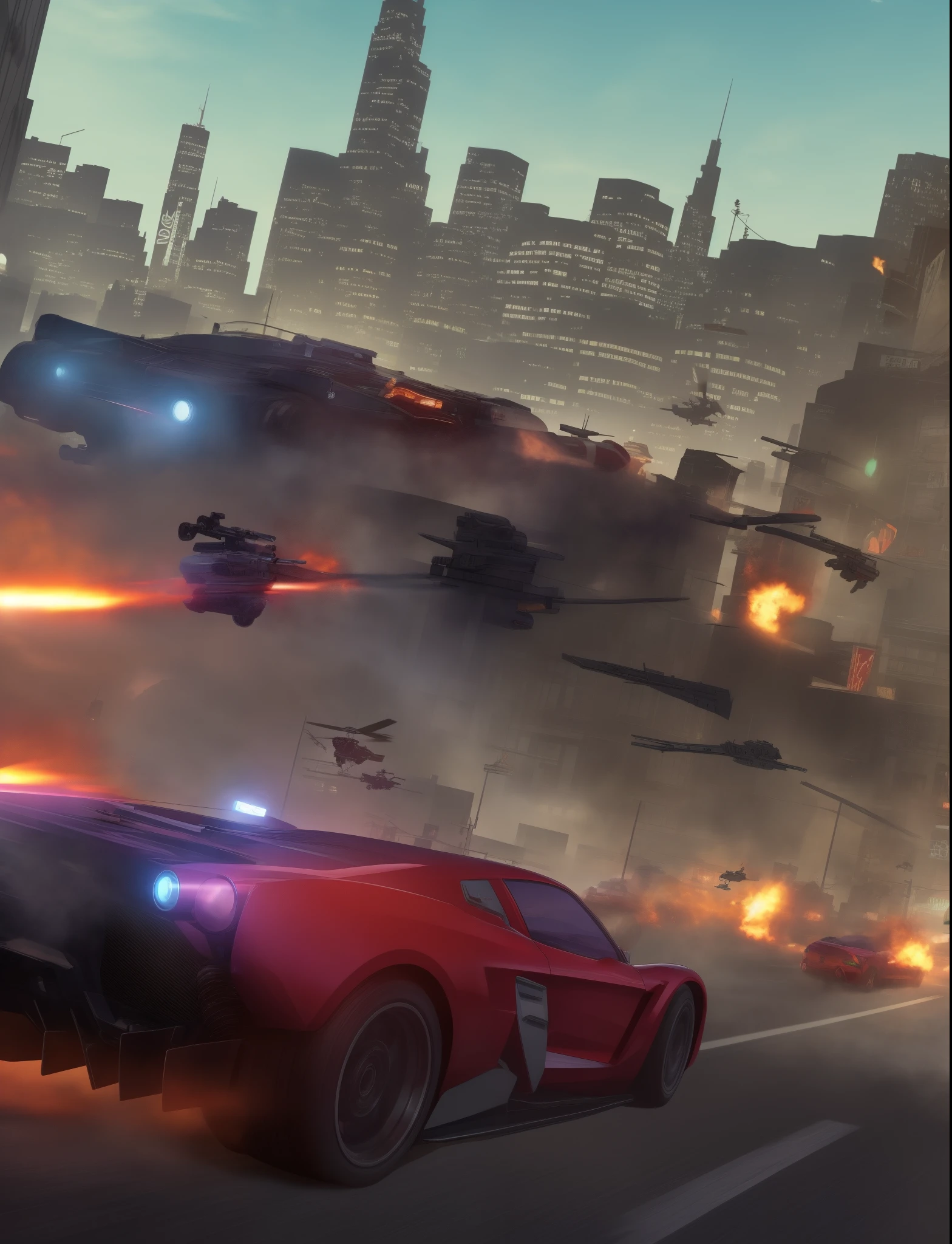 (best quality,4k,8k,highres,masterpiece:1.2),ultra-detailed,(realistic,photorealistic,photo-realistic:1.37),vivid colors,physically-based rendering,HDRI lighting,cityscape,detailed buildings,fast cars,explosions,gunfights,police chase,high-speed action,multiplayer mode,nighttime scenery,neon lights,reflections,smoke and fire effects,urban chaos,GTA-inspired open world,criminal activities,character customization,endless possibilities