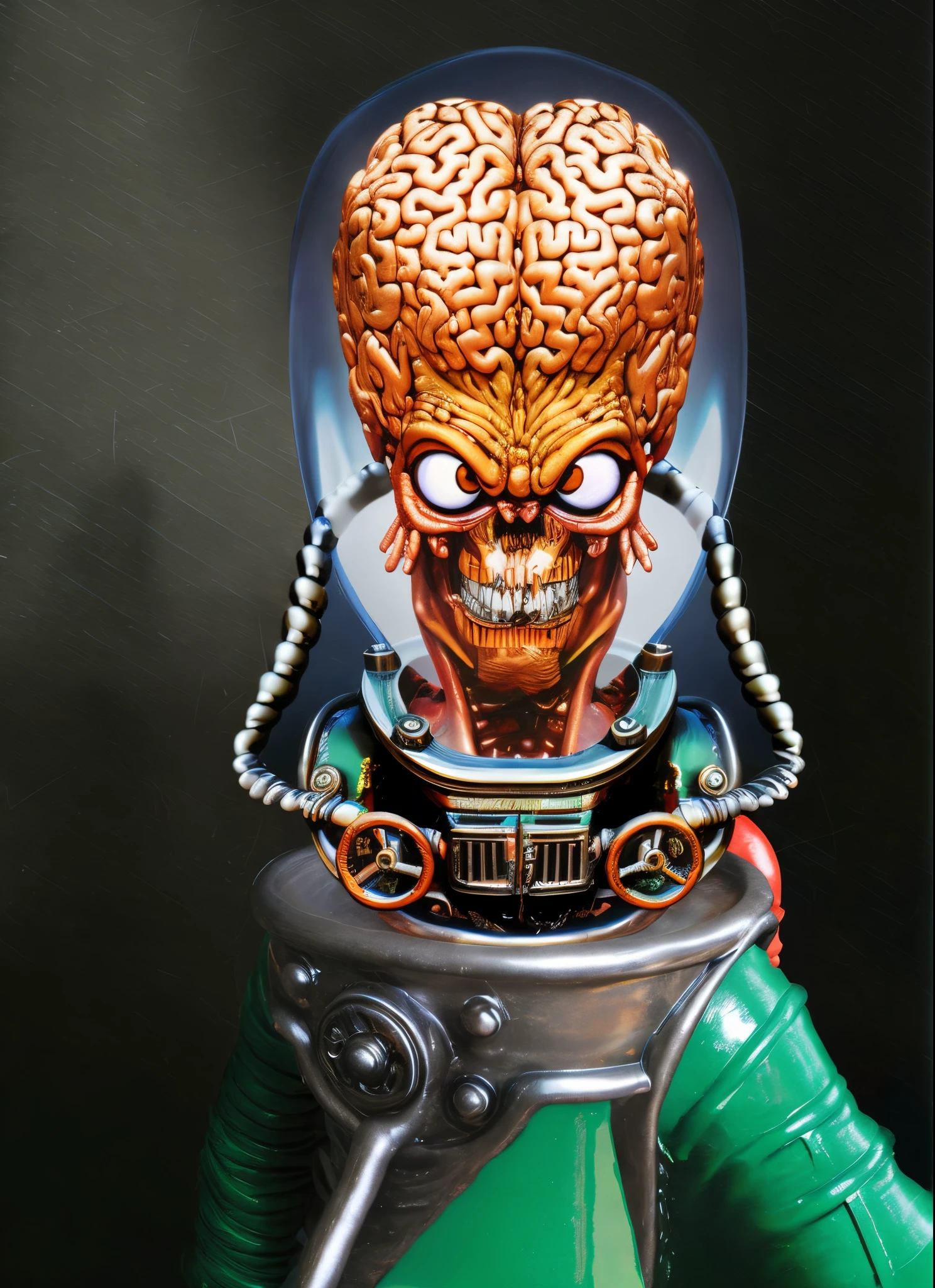 Close-up of a robot with a brain on its head, Mars Attack, when mars strikes, Inspired by Jim Burns, Robot face bust, Robot helmet bust, alien helmet, Basil Wolverton, style of jim burns, Alien heads, Robot bust, classic alien, Collectibles, by Randy Gallegos, Inspired by Kelly Fleiss, Alien warriors