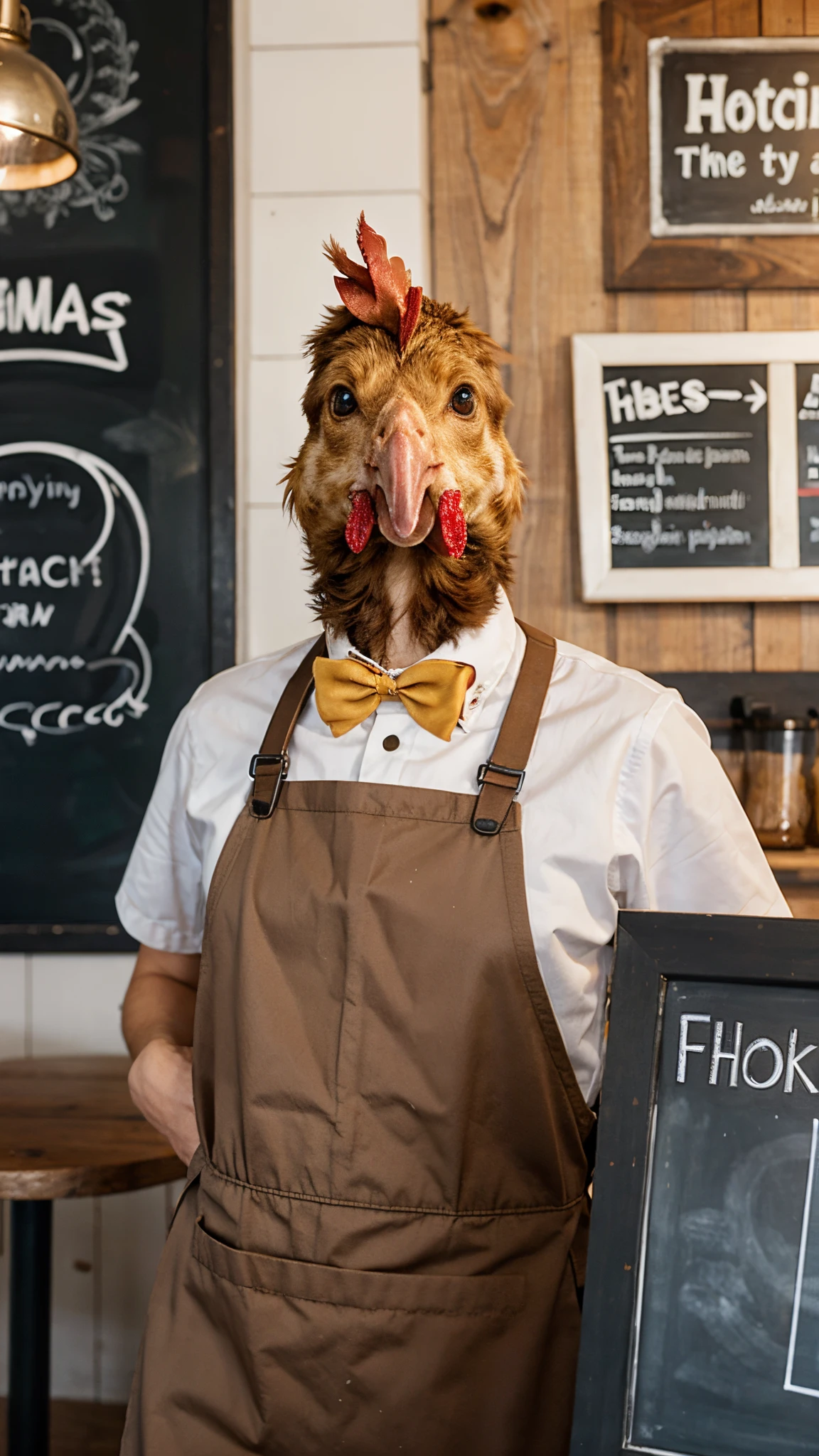 An anthropomorpic chicken working at a cafe