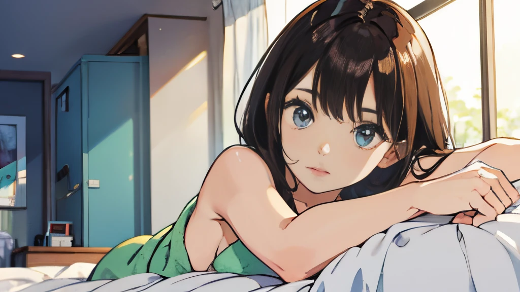 20 year old girl,Hair is brown,One towel,lying on the bed looking at me
