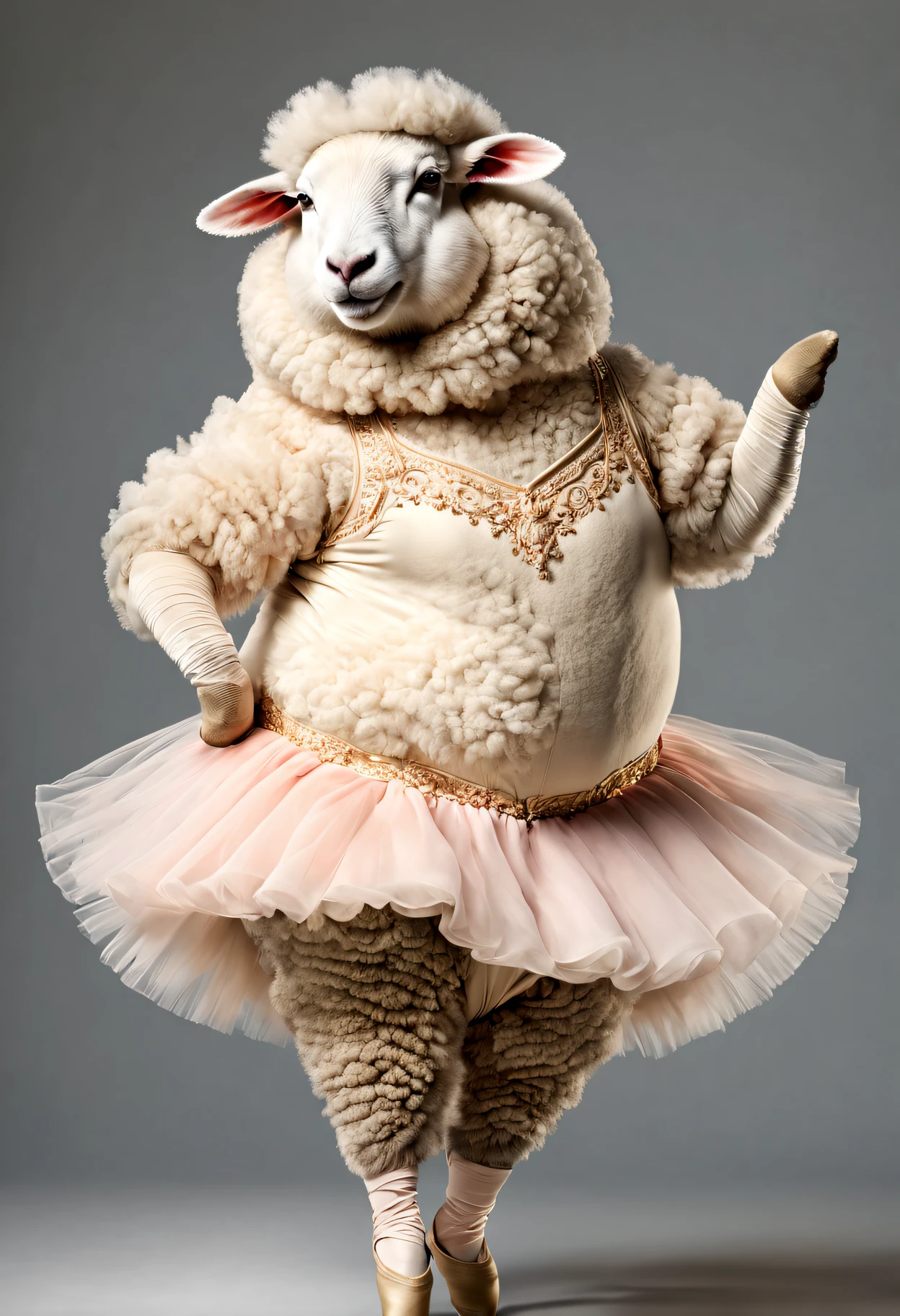 photorealistic portrait of Dressed animals - a fat sheep ballet dancer,( ballet action posing), fluffy body, high quality,(lovely) ,intricate details, highly detailed ballet costume ,(happy), studio lighting,(full body image:1.5)