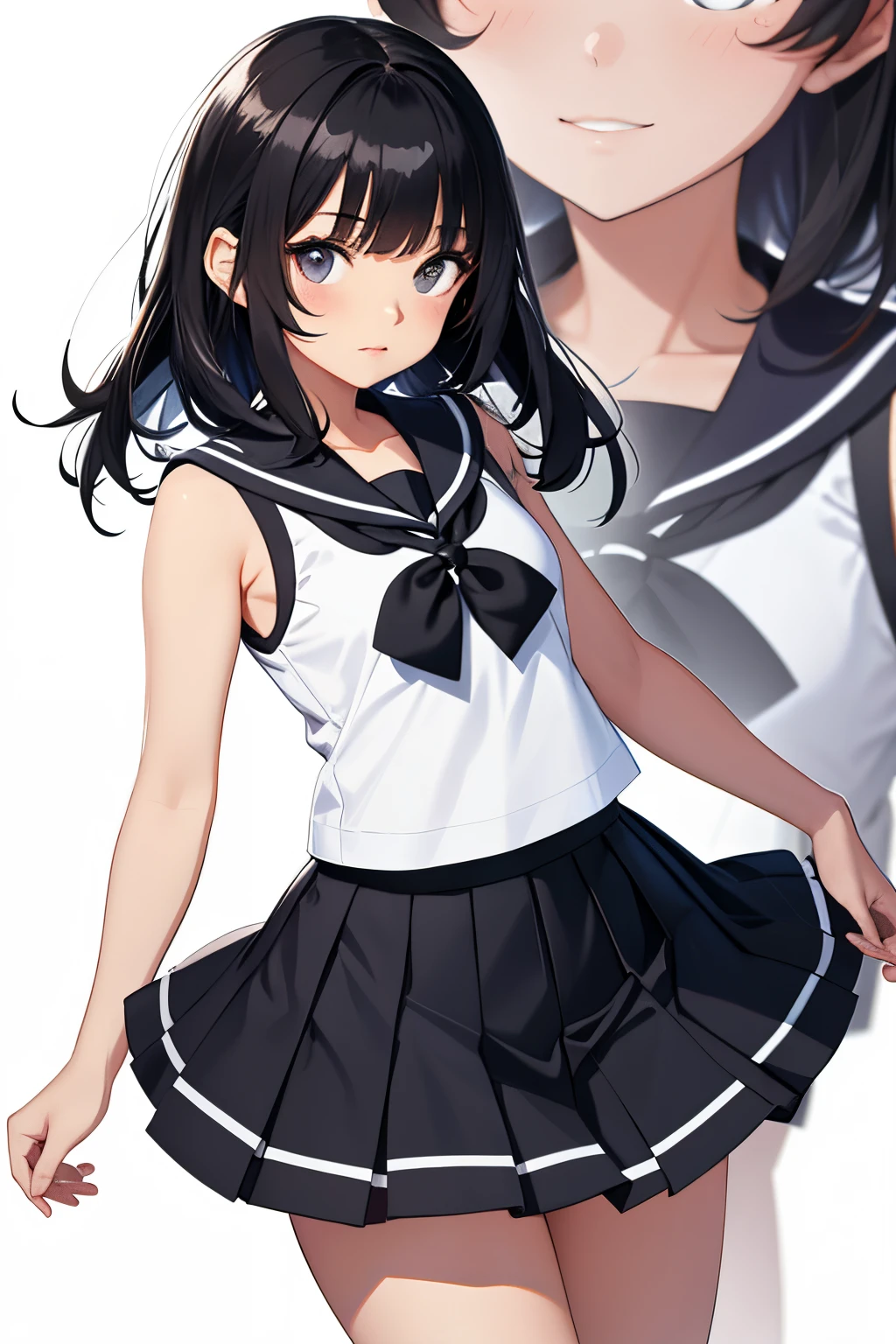A school girl,white sleeveless sailor suit,white background,black straight hair