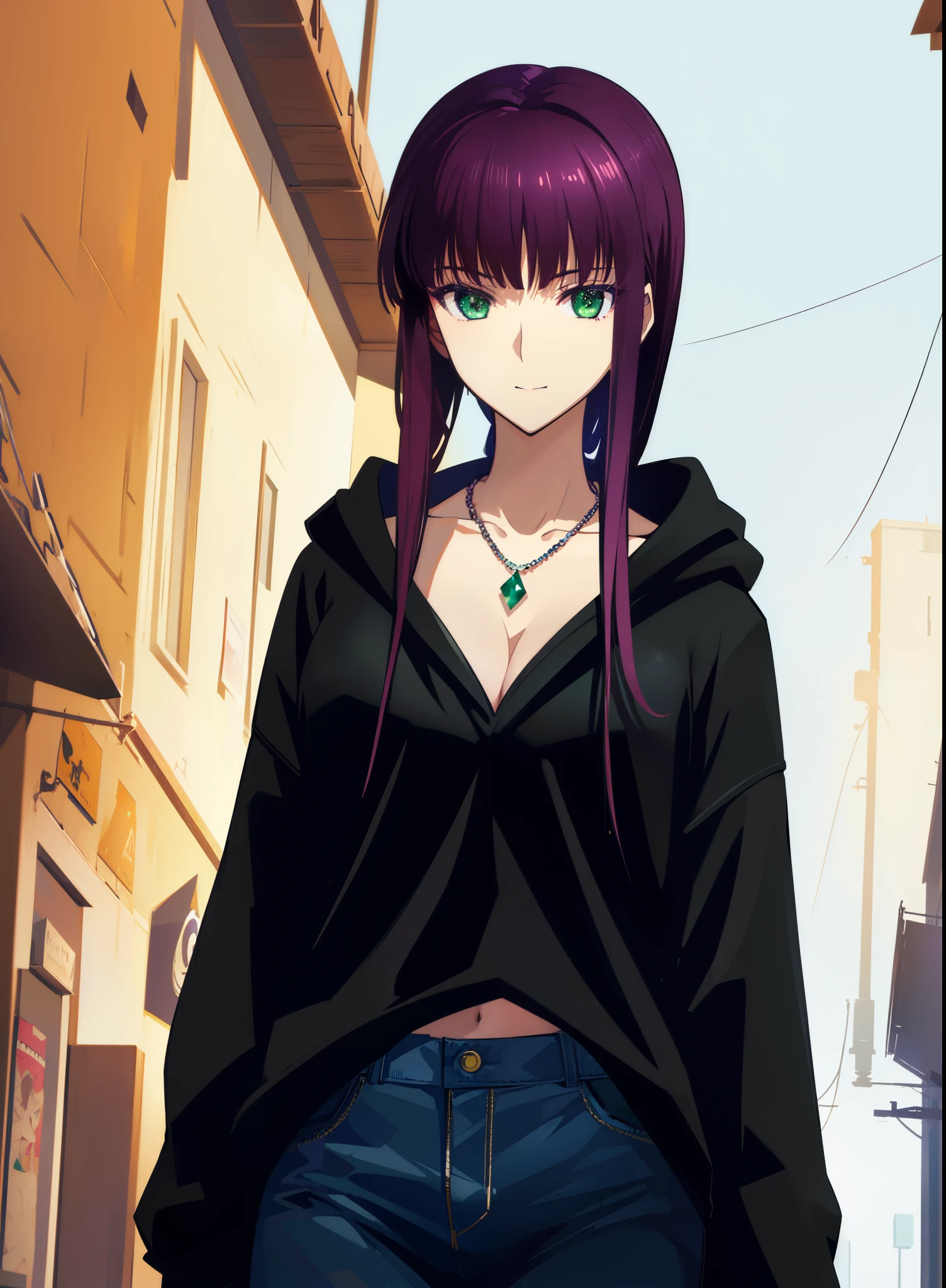 UHD,hiquality,Connect ticker and 8K, hight resolution,Very detailed CG, High quality shadows, Detail Beautiful delicate face, Detail Beautiful delicate eyes,BREAK(Highly detailed 8k wallpapers),(Highly detailed CG 8K wallpaper),Makima (chain saw man),Sukasaha (Fate/grand order),Shimohira Reihua ,Hi-Res,Very delicate and beautiful CG illustration,top-quality,beautiful thigh,big breasts thin waist,(((masutepiece))), (((Best Quality))),8K,32K,​masterpiece,beautiful alluring anime woman,ultra-definition,ultra-detailliert,hight resolution,a hyperrealistic schoolgirl,masuter piece, Best Quality, High quality, High Definition, high quality texture, high quality shadow, high detailing,finely detail,A teenage girl,1girl in,High school students,Solo,Soio,Only one person,Alone,One Person,taki,Mature atmosphere,Leg length,neat and long legs,8 Head Body,stature:171cm,Mature girls,Reddish-purple hair,Reddish-purple hair,Purple hair,cassis colored hair,silky and smooth hair,Colorful hair,Straight hair,Smile,Cool Beauty,Beautuful Women,Neat face, Beautiful realism,Seductive look,Bewitching look,serene expressions,beautiful hairl,She wears a necklace around her neck,Necklace,bead necklace,magatama accessories,A slight smil,Colorful eyes,green colored eyes,Jade-colored eyes,beautidful eyes,Bright eye,Delicat eyes,Eyes Like Gems,Jade Eyes,Hanging eyes,(Green eyes:1.5),Seductive face,Watching the viewer,Model photo,simple background,Black hair, longeyelashes, lightsmile, Reddish-purple hair, cassis colored hair, Hairpin, lightsmile, Seductive smile, Jade-colored eyes, PUPILS SPARKLING, Hanging eyes, multicolored eyes, anime style, Hyperrealism, Realism, anime, 8k, super detail, ccurate, best quality, 16k, anatomically correct, ccurate, UHD, 16k, highres, best quality,parka,Plain clothe,((Black Lowrise Skinny Long Jeans)),hooded sweatshirt,((Sweatshirt)),stroll,Building Street,Sunlight,blue-sky,stroll,Bustling street,during daytime,Walking,takeout,Out,