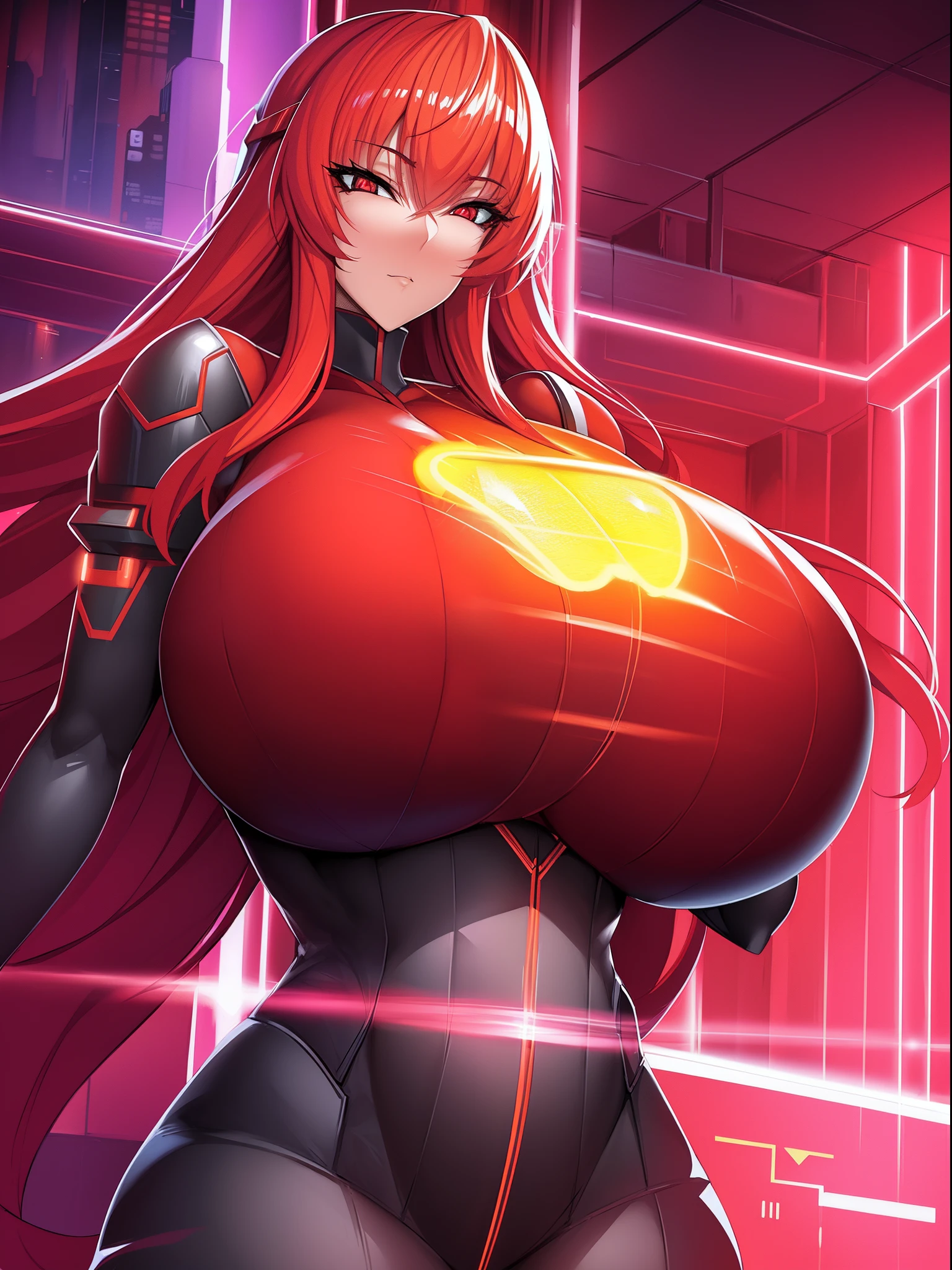 Digital painting of a woman with red flame hair，Cyberpunk Art，Josan Gonzalli Hans Contest Winner，afro futurism，synthetic wave，Neon light，Glowing neon lights，((Huge breasts :1.5))ｖ