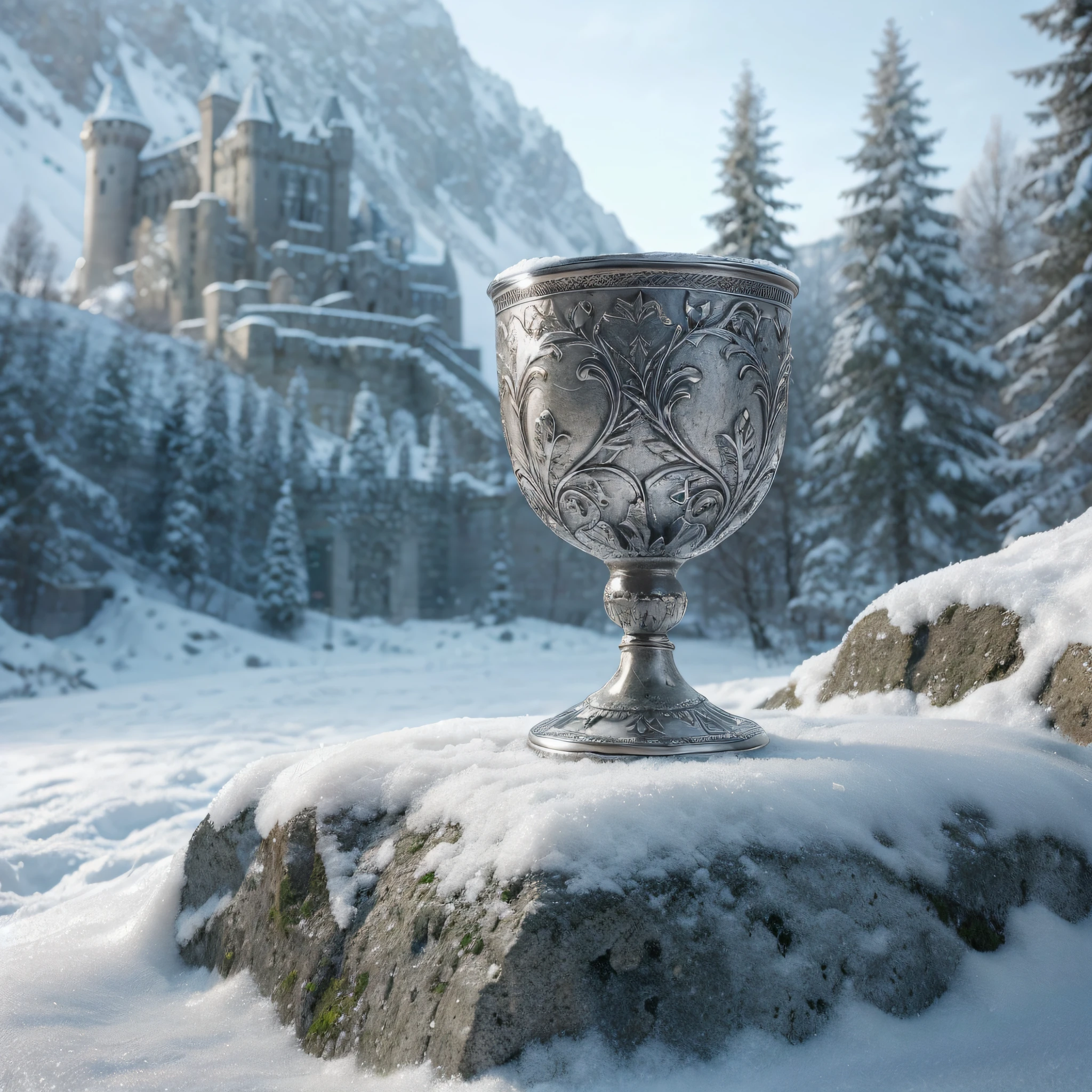 Photo of a mottled silver goblet sitting on a snow-covered stone. Blurred background of a forest and castle behind. Photorealistic.