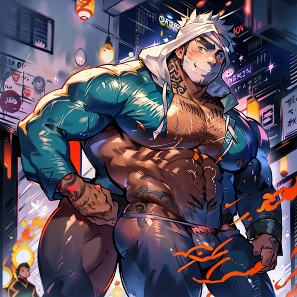 Hot,musculous,Guy in thong,legs are open,show off big bulge.,Tattooed with_Both sides, Tattooed with_Show on the_his_the face,Wearing a white smiley mask,Wearing a hood