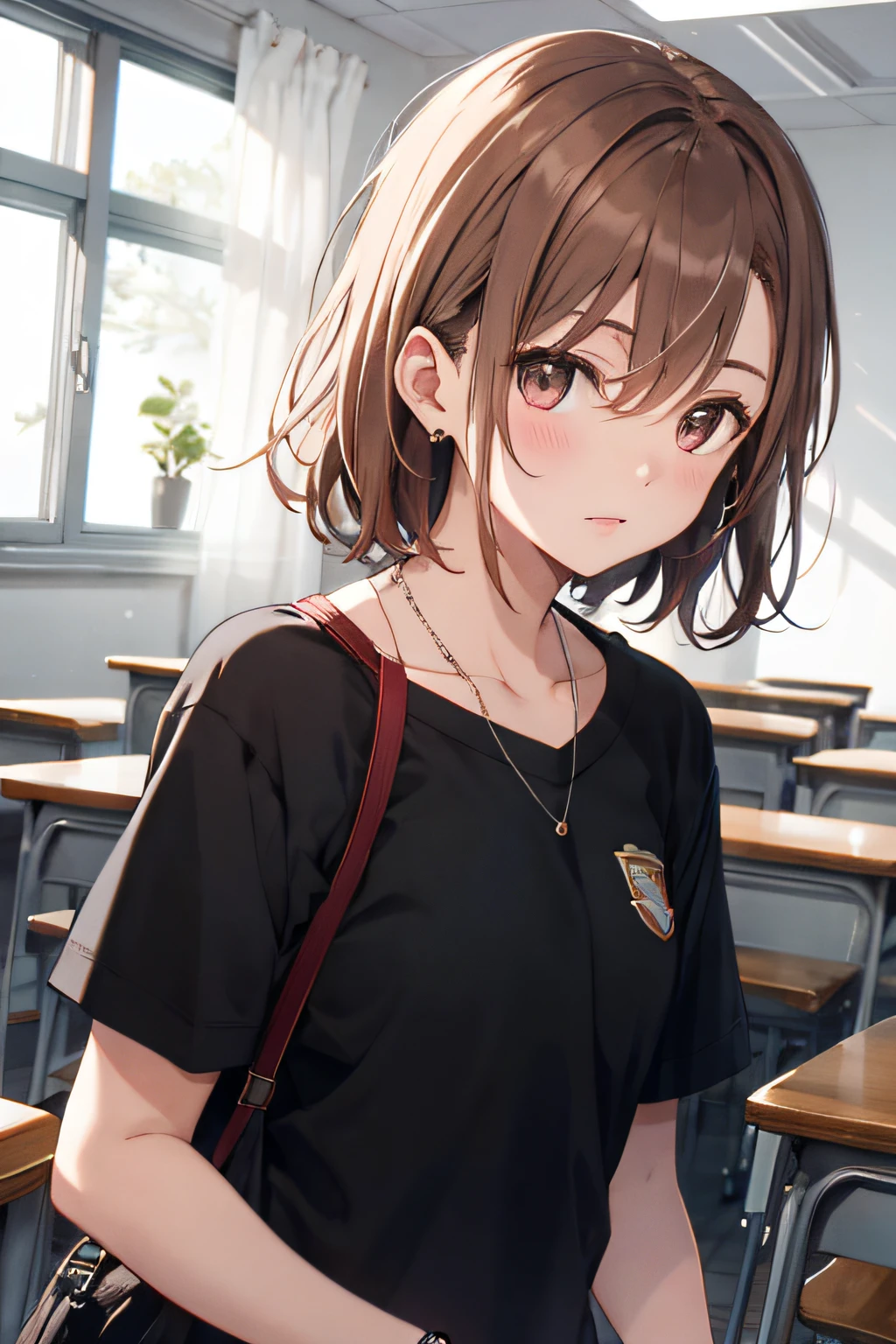 La obra maestra, La mejor calidad, Misaka_Mikoto, ojos marrones, corto_cabello, Small_seno, Mirando a los espectadores, solo, cerrado_boca, Collares_camisa, escuela_uniforme, Camisas, blanqueado_camisa, , Aula con cuerpo Minifaldas