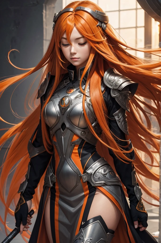 (masterpiece), best quality, ultra-detailed, illustration, warm lighting, bright colors, 1girl, solo, very long hair, grey hair, orange hair, orange inner hair, red eyes, colored inner hair, two-tone hair, ahoge, absurdly long hair, orange colored inner hair, multicolored hair, halo, , , body suit, flowing hair, wind, one eye closed, staff, dress, armor, headgear, floating,, ,