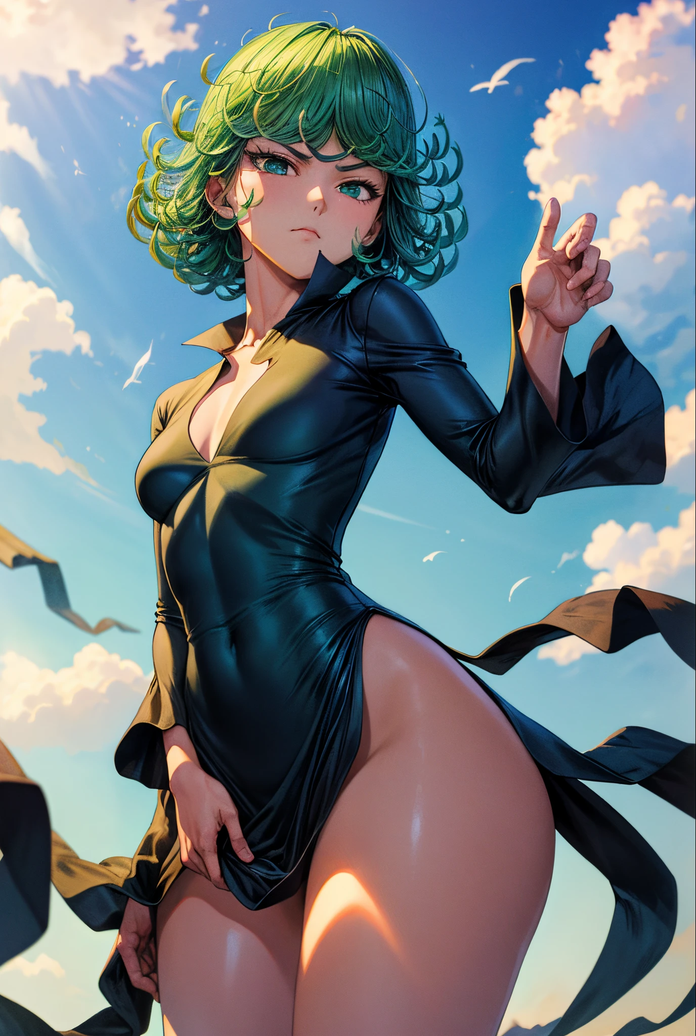 (masterpiece, best quality:1.2), cowboy shot, solo, 1girl, tatsumaki, lustful, closed mouth, looking at the viewer, ass, wide hips, black dress, blue sky, clouds, erotica