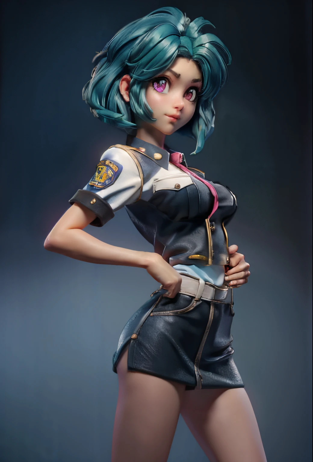 (masterpiece, best quality, ultra-detailed, best shadow), (detailed background, pastel fantasy), (beautiful detailed face), high contrast, (best illumination, an extremely delicate and beautiful), cinematic lighting, a pretty girl with short green hair and bright pink eyes, perfect body, big breast, wearing police uniform, miniskirt, purple pantyhoses, clay like artstyle, kawaii style, pixar style, dynamic pose, dreamlike aesthetic