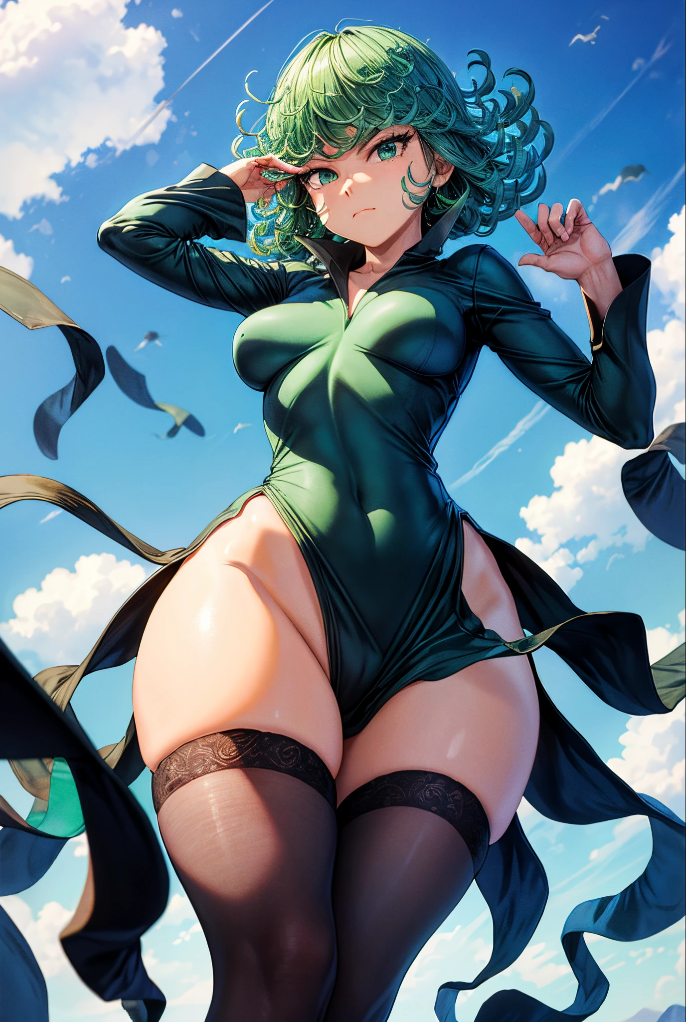 (masterpiece, best quality:1.2), cowboy shot, solo, 1girl, tatsumaki, lustful, closed mouth, looking at the viewer, ass, wide hips, black dress, blue sky, clouds, erotica