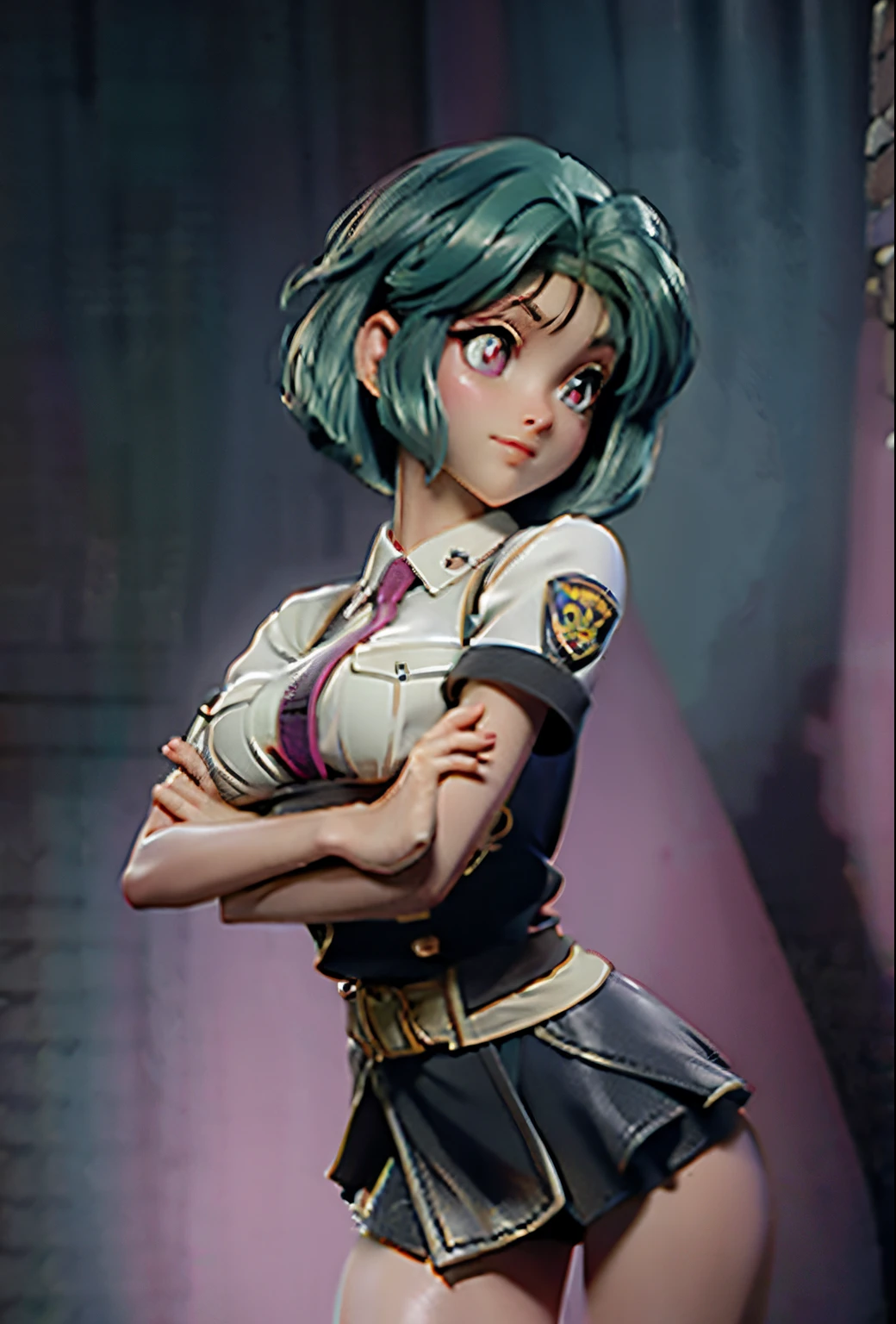 (masterpiece, best quality, ultra-detailed, best shadow), (detailed background, pastel fantasy), (beautiful detailed face), high contrast, (best illumination, an extremely delicate and beautiful), cinematic lighting, a pretty girl with short green hair and bright pink eyes, perfect body, big breast, wearing police uniform, miniskirt, purple pantyhoses, clay like artstyle, kawaii style, pixar style, dynamic pose, dreamlike aesthetic