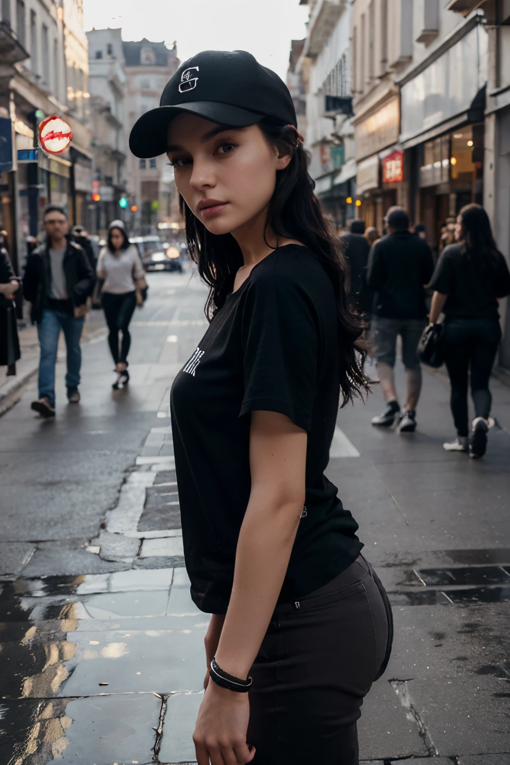 Photo of 24 year old Ukrainian beautiful woman, ((wearing short sleeves black round neck baggy tee-shirt and black baseball cap)). Regular fit long lengh black Teeshirt, baggy style, no print on Teeshirt, RAW, beautiful woman, (black hair with extra long wavy), amzing hair, very detailed dark brown eyes, skinny grey jeans, medium size breast, ((portrait)), (Detailed face: 1.2)), (Detailed facial featureine skin), pale skin, normal lips colour, perfect face, beautiful face, high detail, slim body, (cold color), wet, moist, reflection, (masterpiece) ( Perfect proportions) (realistic photos) (highest quality) (detail) shot with Canon EOS R5, 50mm lens, f/2.8, HDR, (8k) (wallpaper) (movie lighting) (dramatic lighting) (sharp focus) (complex) fashion, full body shot, wearing wrist watch with bracelet's, she's walking on shopping street in Ukraine,  people on background.