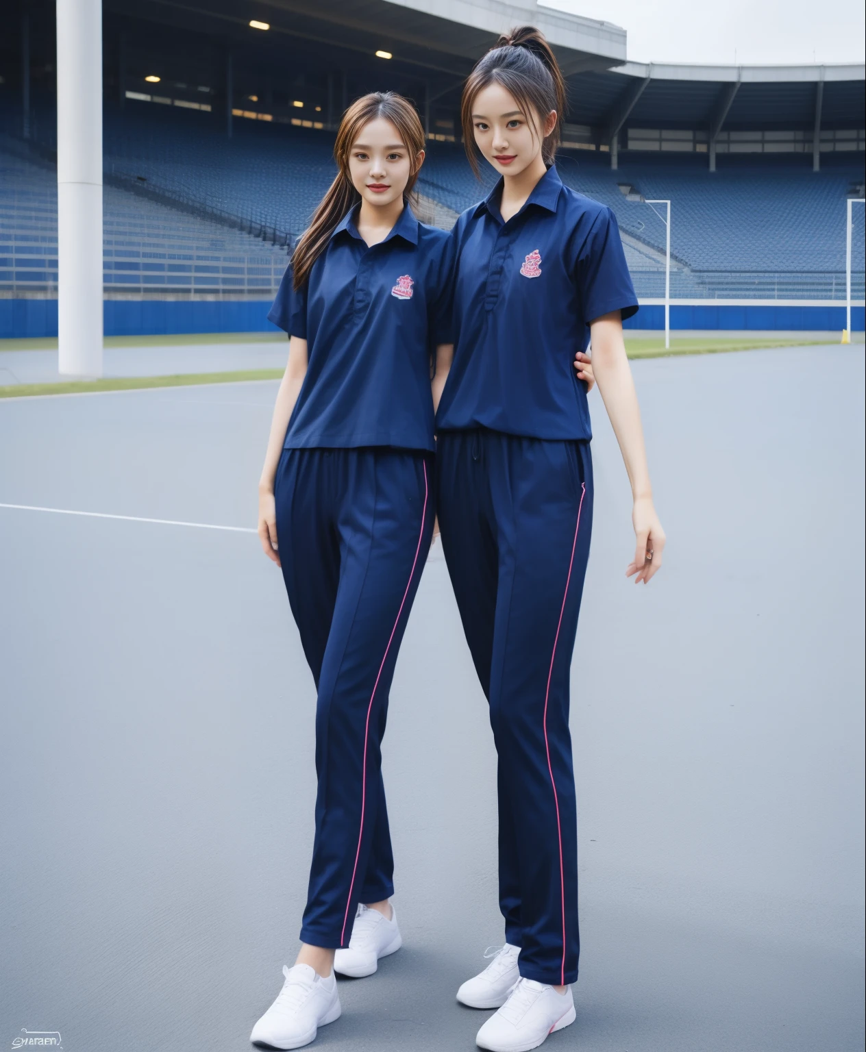(bestquality,10,10,highres,masterpiece:1.2),ultra-detail,(Realistic,photorealistic portrait,photo-realistic:1.37),1 Cute girl in the football field,oily shiny skin,bara,light smile,BDclothelue shirt:1.3)),short sleeves,shirt, trousers.,(navy_long_Pants Track:1.1), ((Stadium Background:1.3)),dynamic angle,excited,face focus,Dynamic Poses,from behide,Ass Focus,masterpiece, bestquality, ultra realistic, hyper-detail, 8k resolution, RAW photo, crisp focus, ((Navy blue shirt:1.1)), short sleeves, Long Path, Perfect body, 2 mature women, 18yo, cinematic light,Blue sweatpants,Gymware,Correct anatomy,Complete body, Correct body, sharp face, Anatomically correct body, full entire body, Realistic gestures, long-haired, Realistic poses,Wear long shorts.................................,Long leg span,Shapely,Sculpting Girl, Slender Figure, mannequin mannequins, Shapely, Beautiful body,Blue sweatpants, Two girls kissing