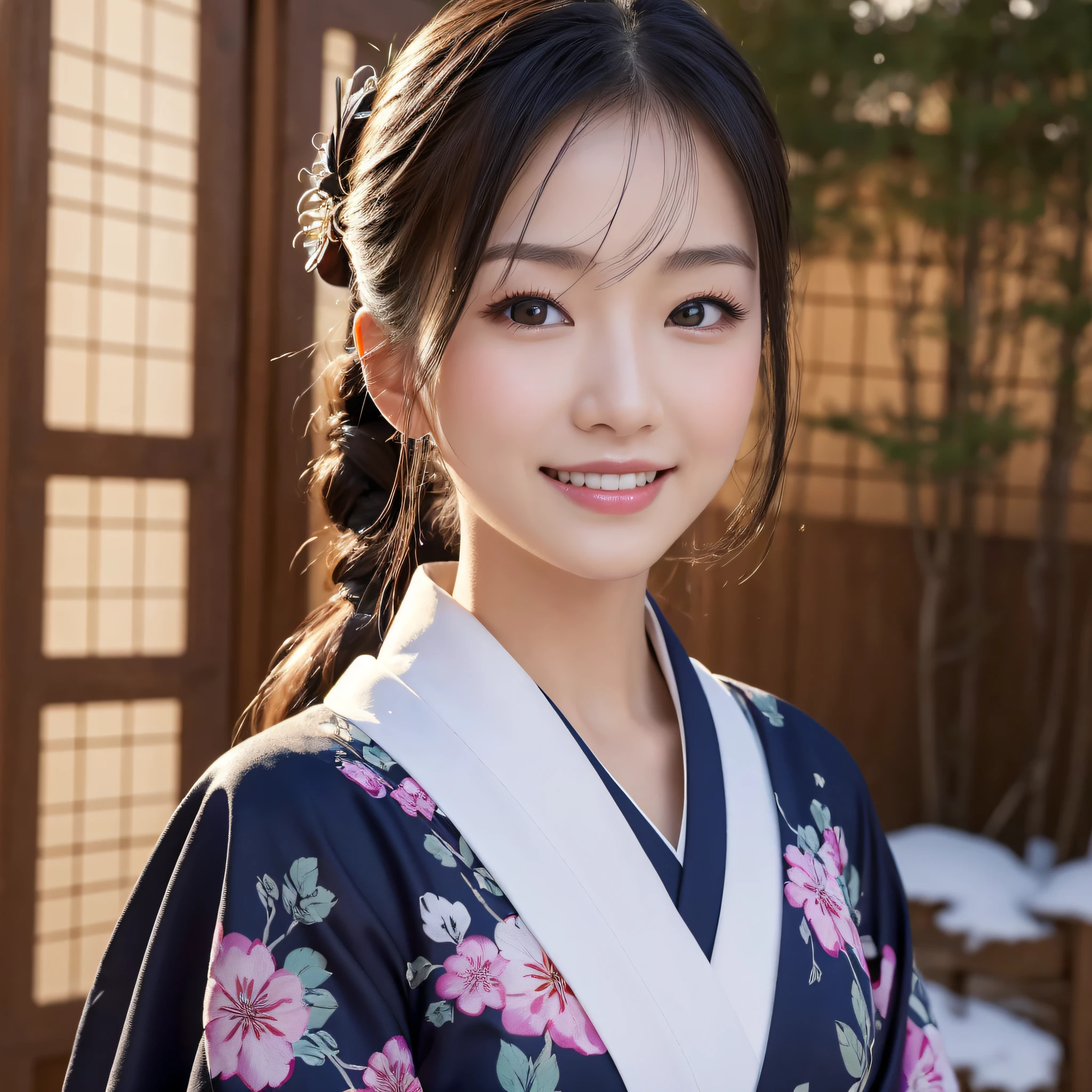 (Super beautiful woman in kimono)、((best qualtiy、8k masterpieces:1.3))、foco nítido:1.2、(ultra beautiful faces:1.0)、(shinny skin:1.0)、photos realistic、A dark-haired、Video Lighting、High-definition eyes and face、Video Lighting、Japanese actressl、from the front side、medium breasts、With a happy smile、Slender Abs Beauty、Whole body、wearing kimonos、In a snowy landscape in the middle of winter、highest grade obi