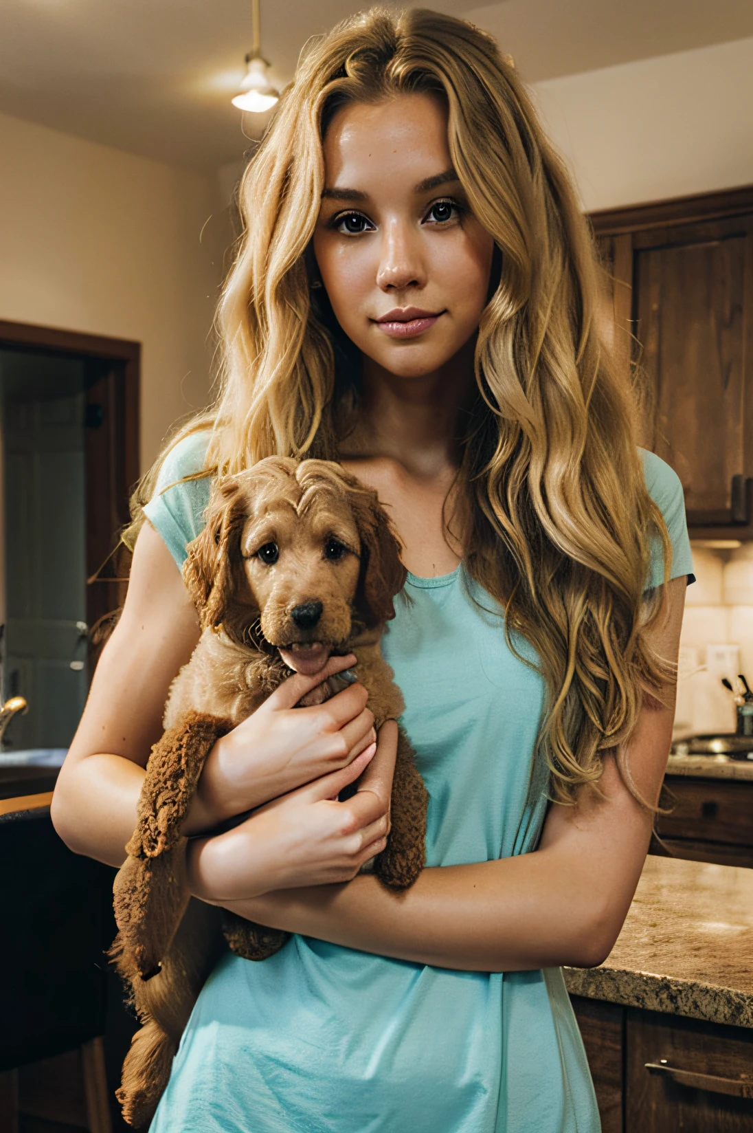mulher com cabelo loiro,Cabelos longos ondulados grandes，Segure um Labradoodle